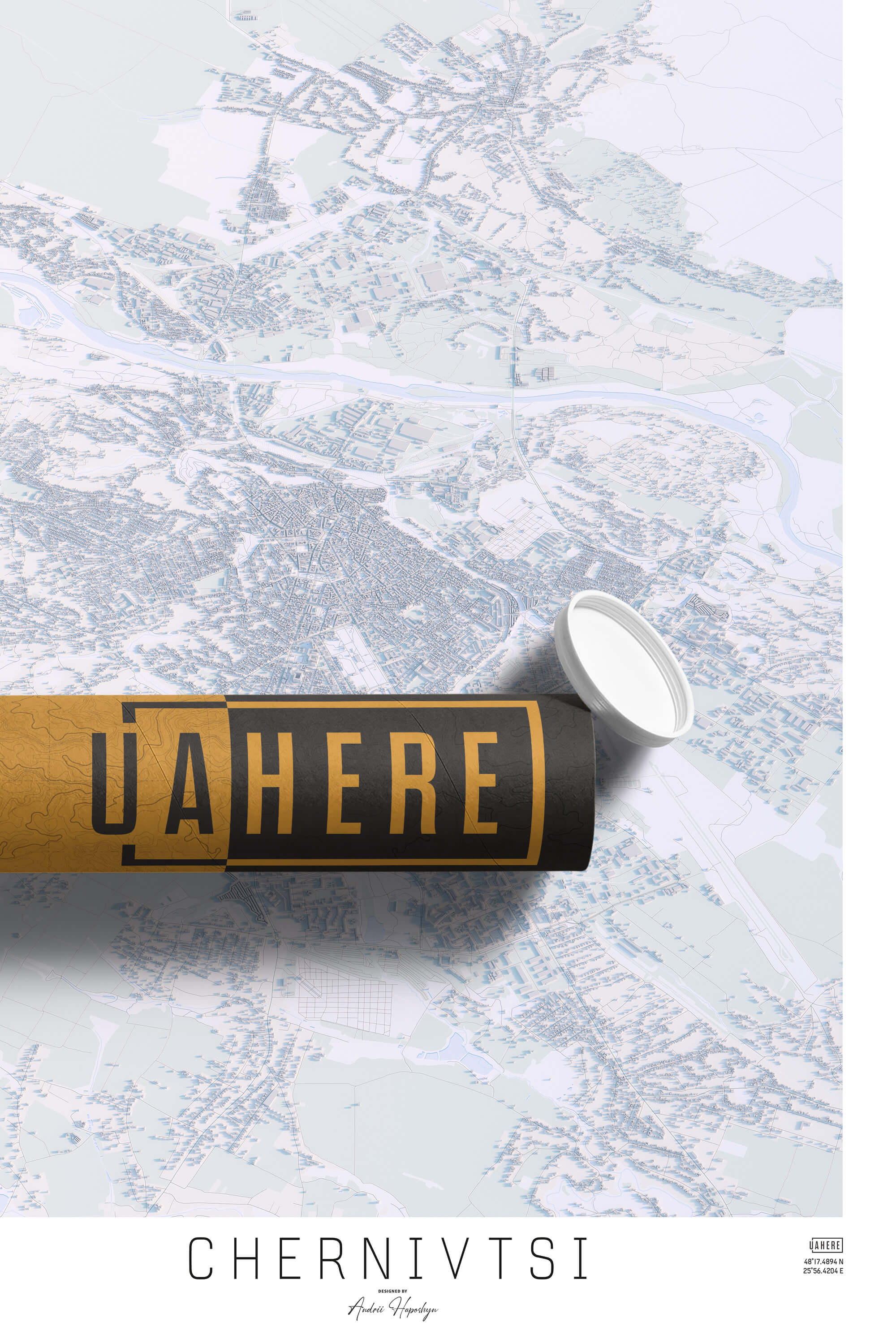 Брендований тубус UAHERE та надрукована світла мапа Чернівців