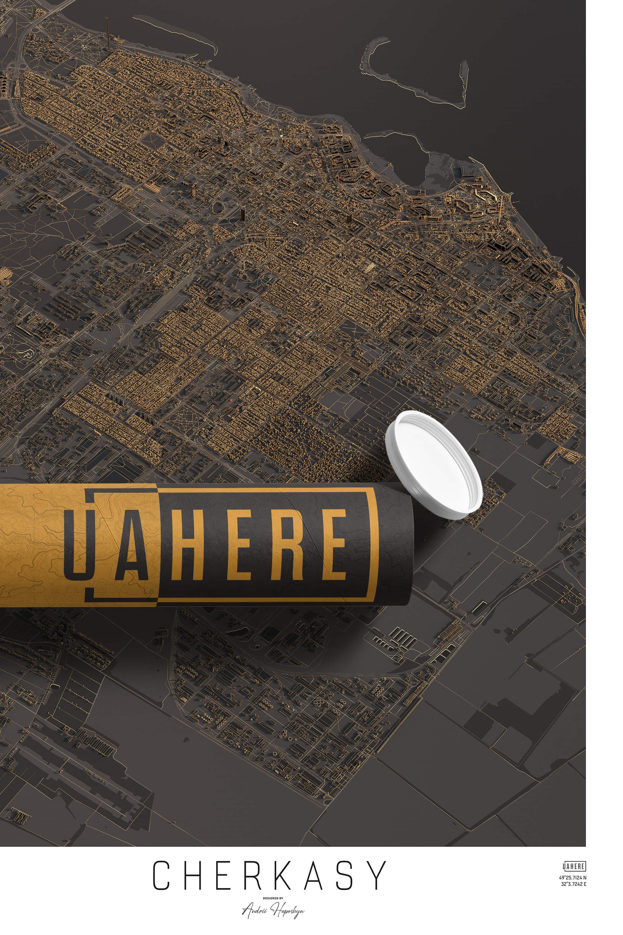 Брендований тубус UAHERE та надрукована стільна темна 3д мапа Черкас