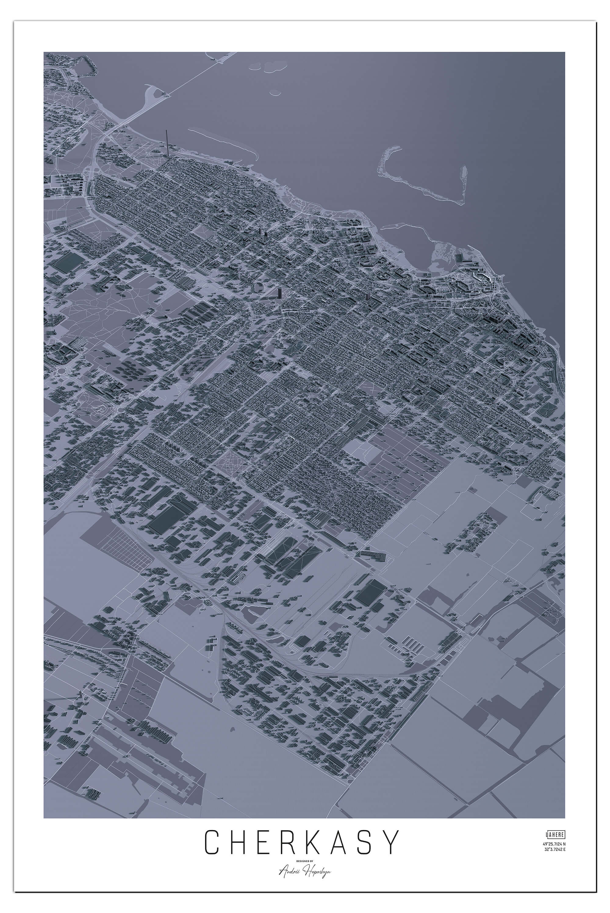 Стилізована графітова Арт мапа Черкас у вигляді постера, картини
