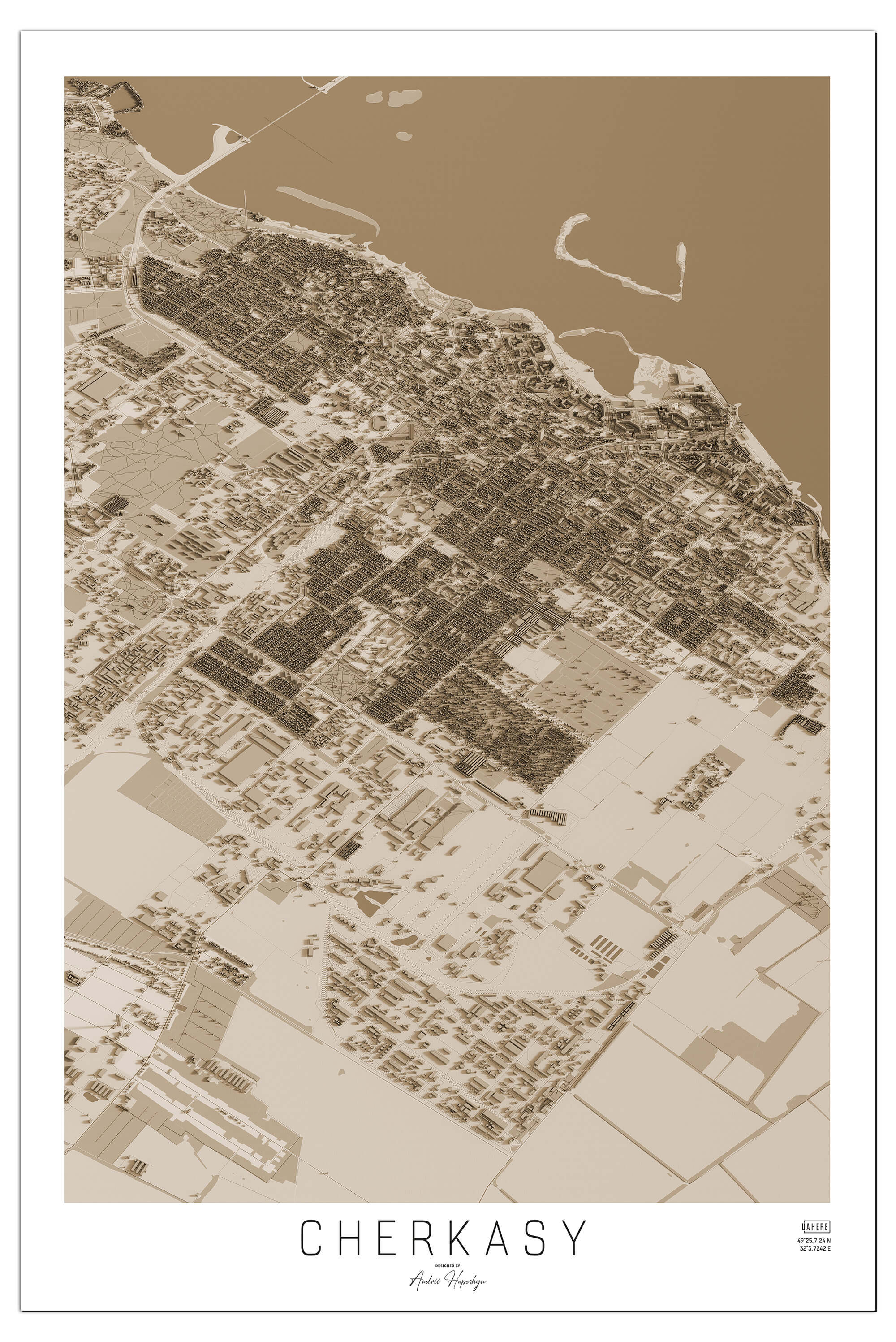 Вінтажна Арт мапа Черкас у вигляді постера, картини в стилі сепія