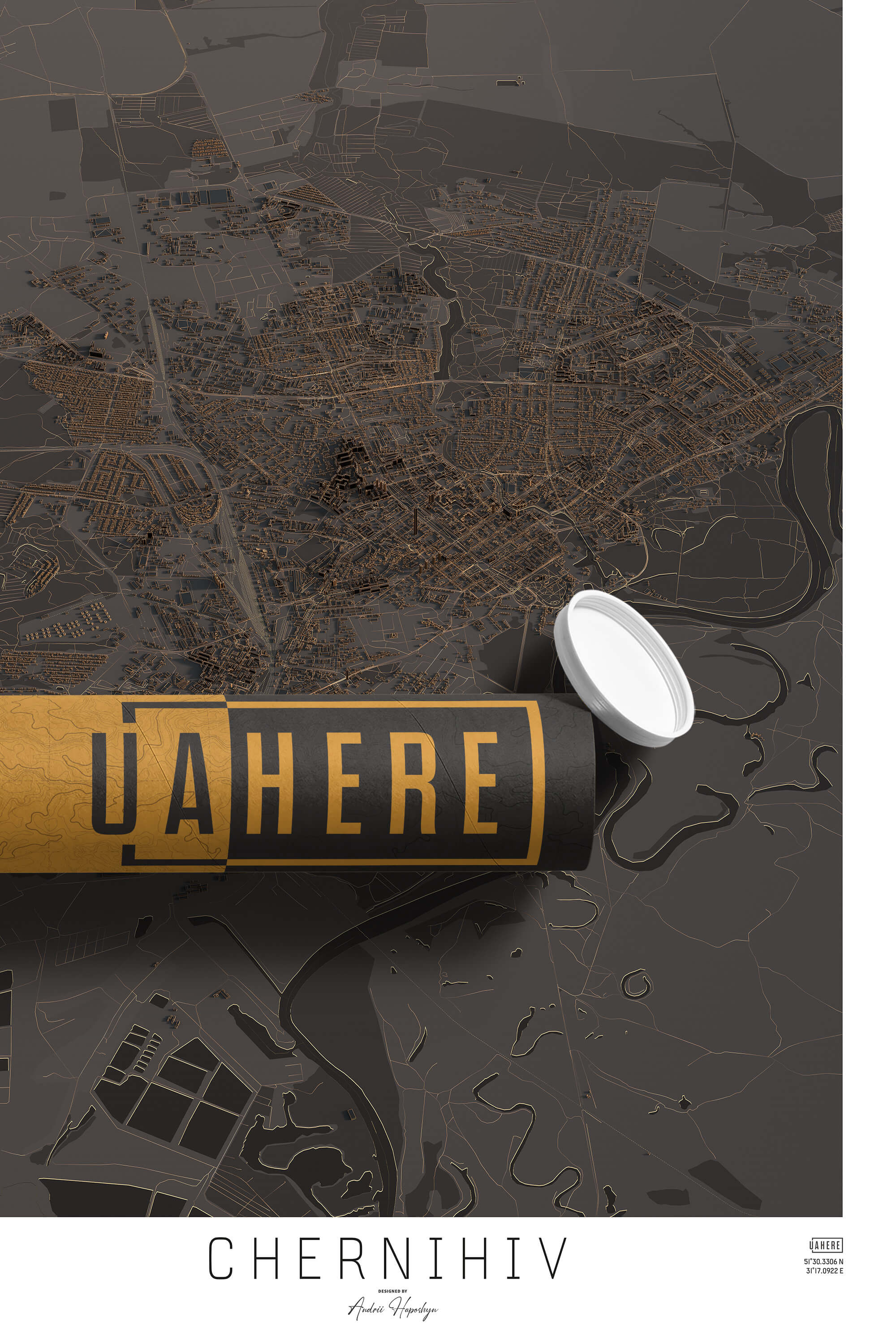 Брендований тубус UAHERE та надрукована стільна темна 3д мапа Чернігова