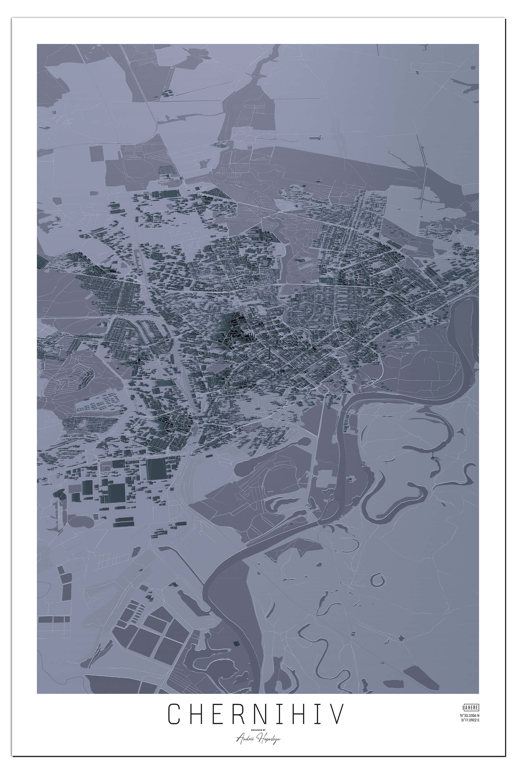 Стилізована графітова Арт мапа Чергнігова у вигляді постера, картини