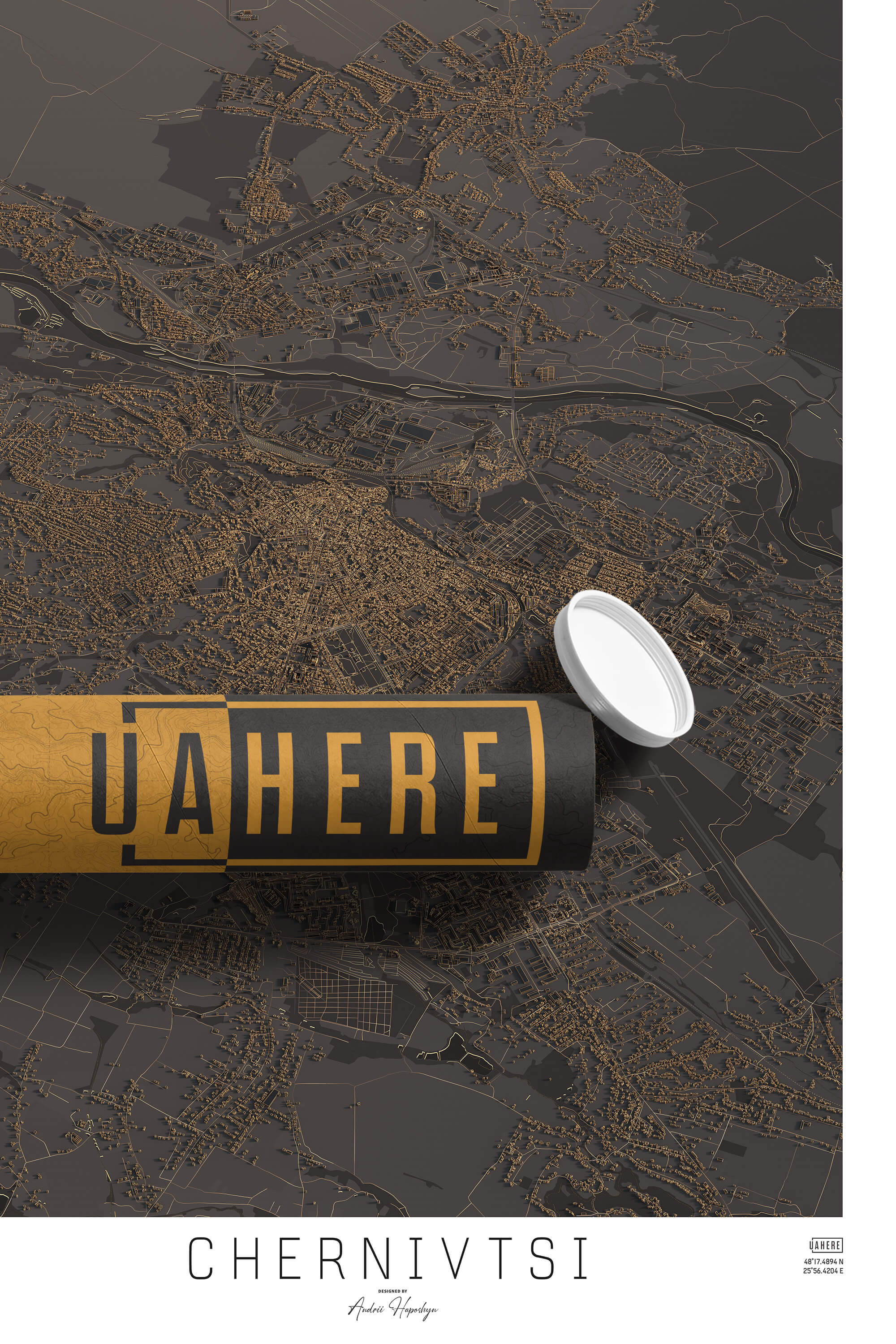 Брендований тубус UAHERE та надрукована стільна темна 3д мапа Чернівців