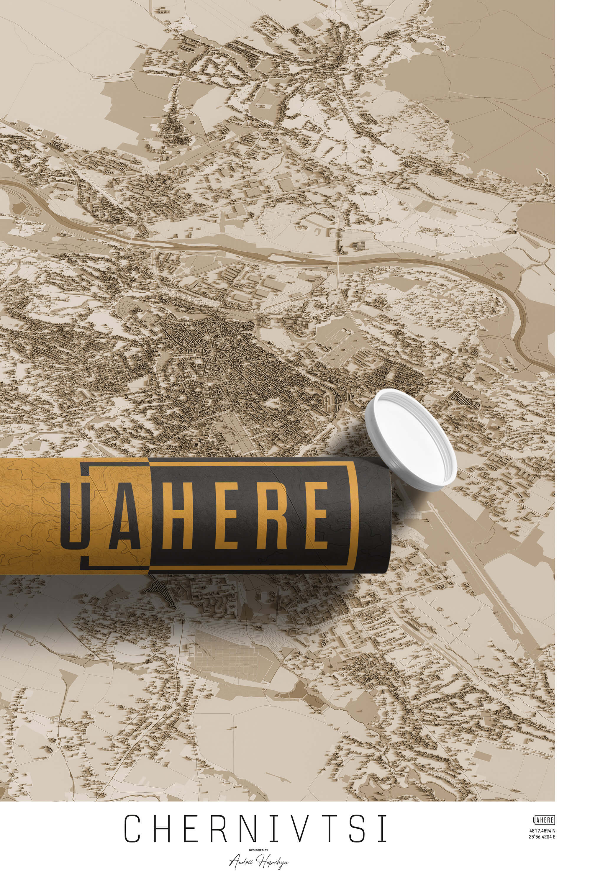 Брендований тубус UAHERE та надрукована вінтажна та унікальна мапа Чернівців