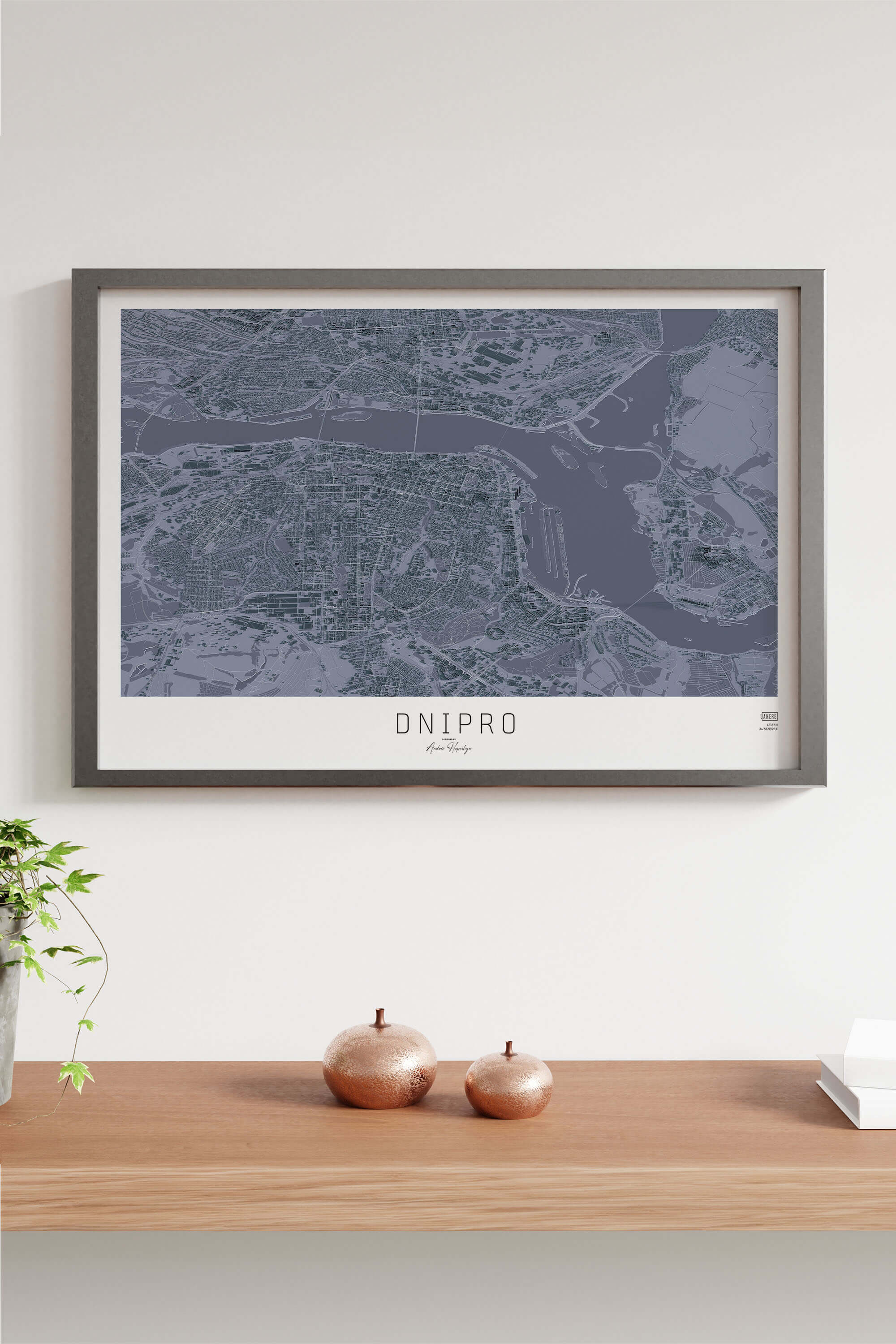 графітова 3д картина міста Дніпро в рамці на підлозі