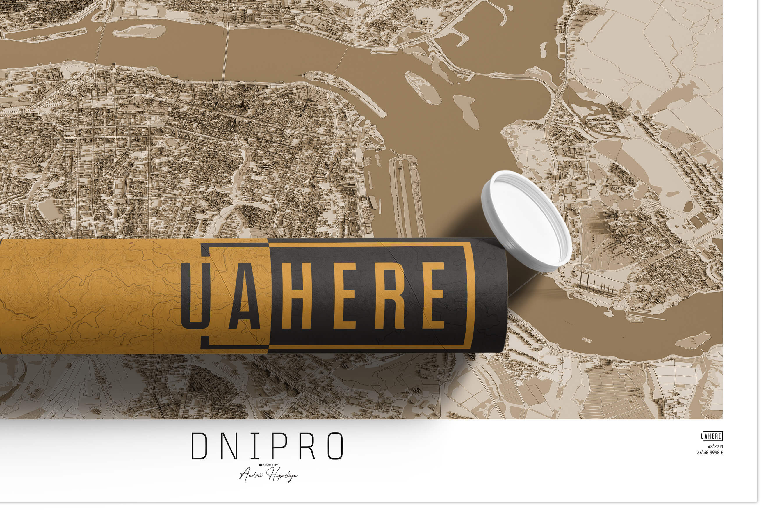 Брендований тубус UAHERE та надрукована вінтажна та унікальна мапа Дніпро