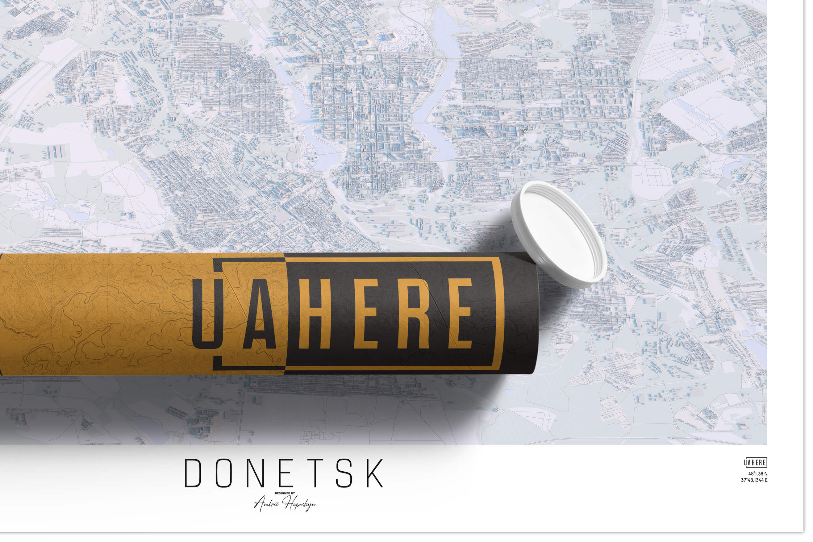 Брендований тубус UAHERE та надрукована світла мапа Донецьку
