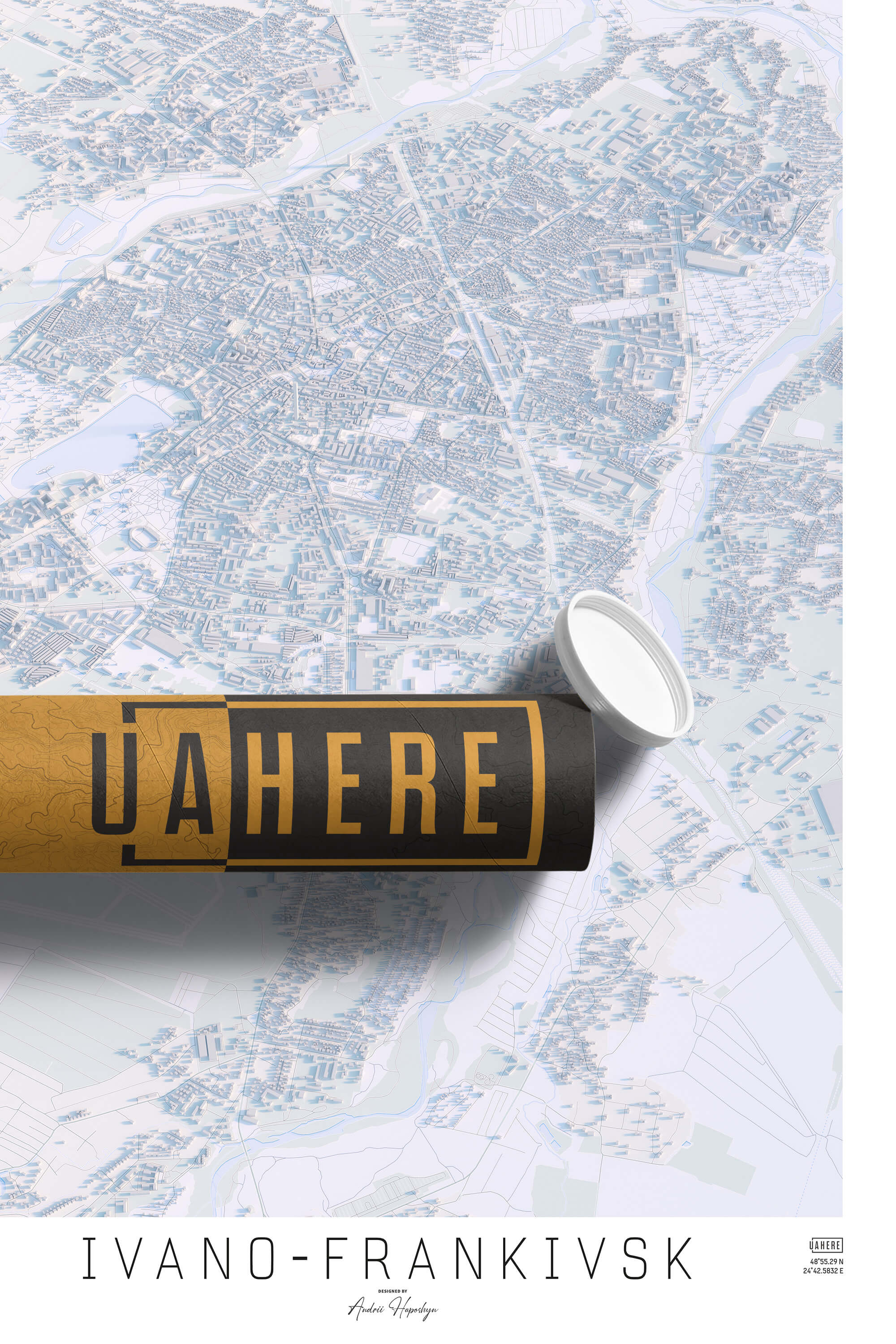 Брендований тубус UAHERE та надрукована світла мапа Івано-Франківську