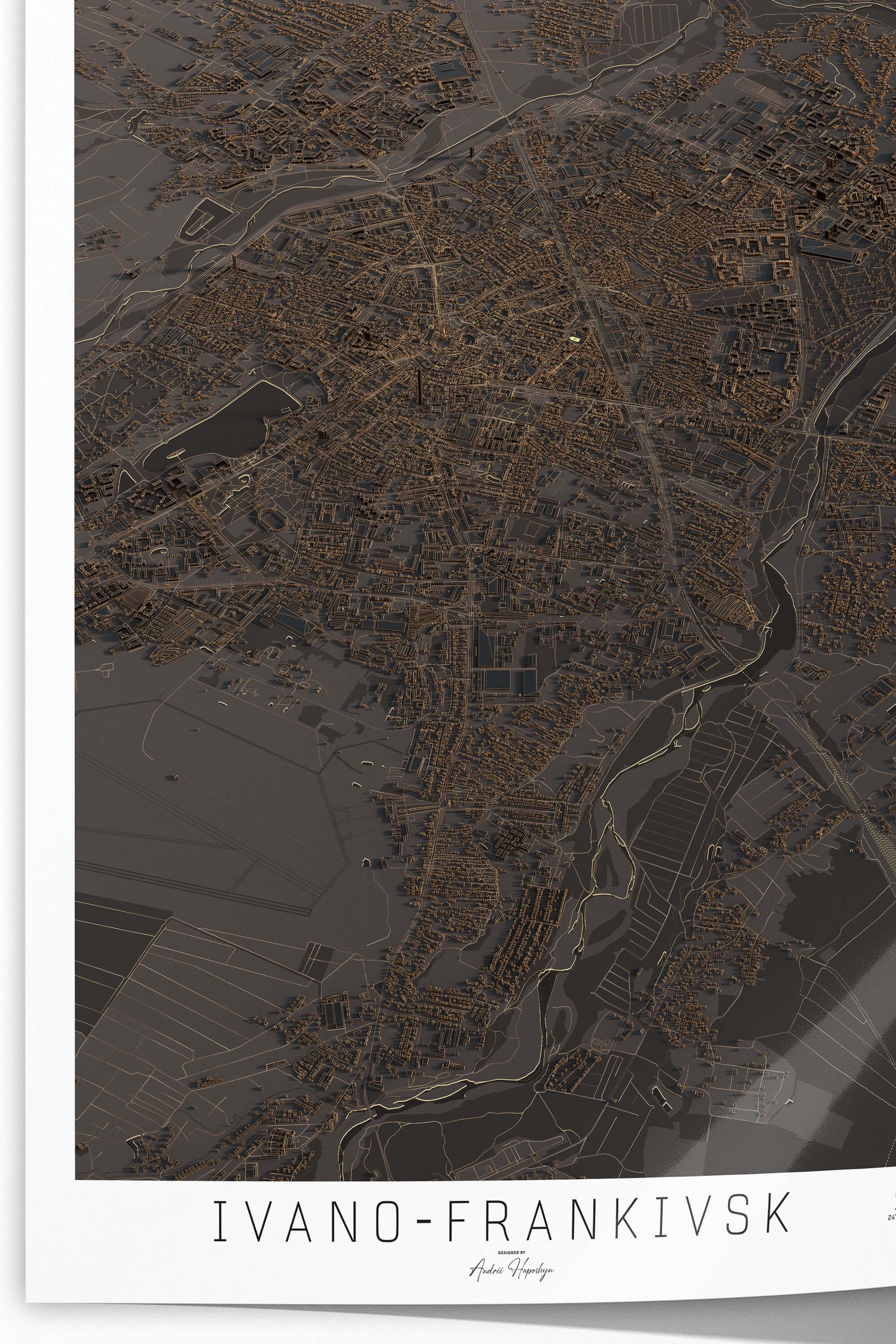 Якісно надрукована темна та стильна 3д мапа постер Івано-Франківську