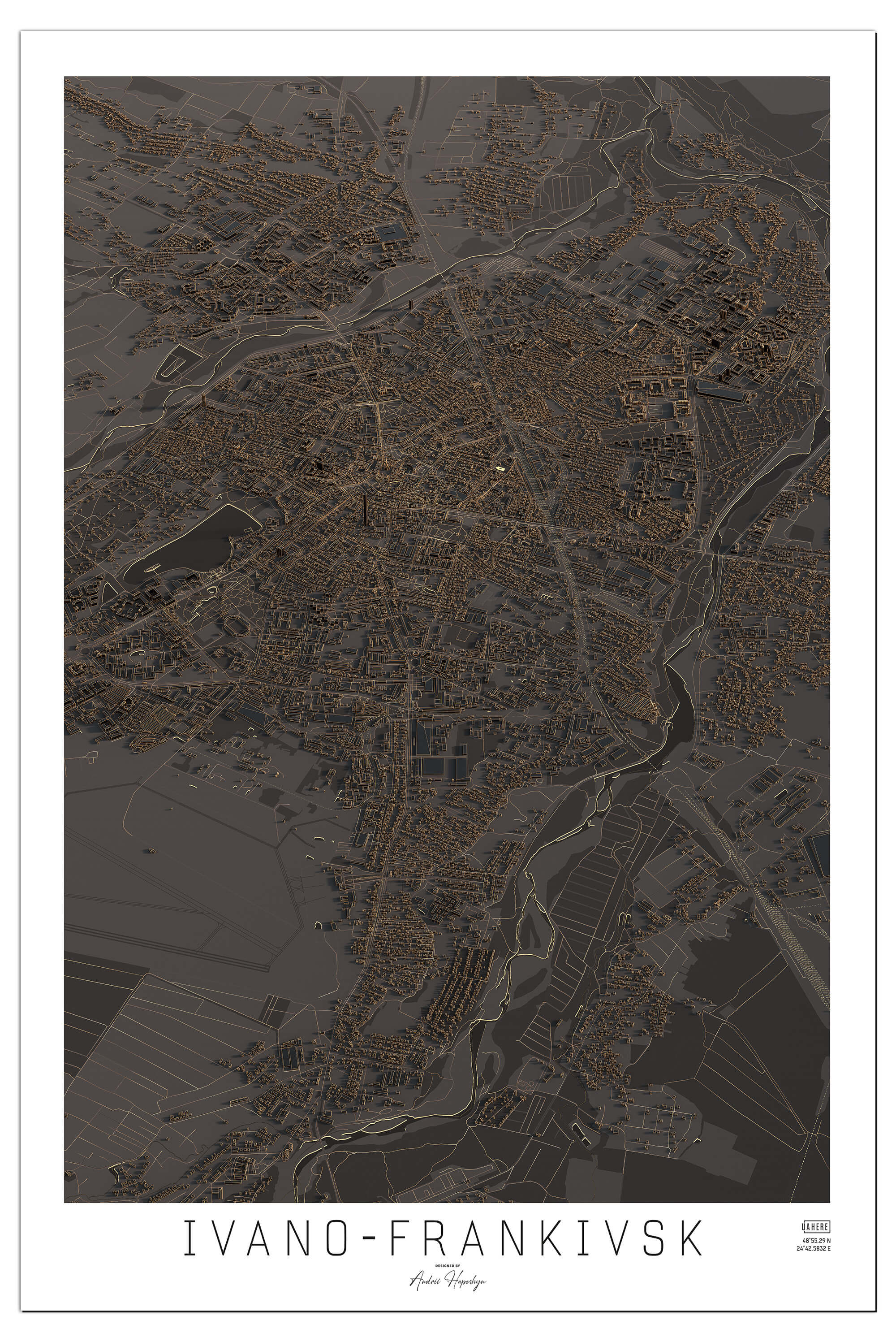 Стилізована Арт мапа нічного Івано-Франківська у вигляді постера, картини