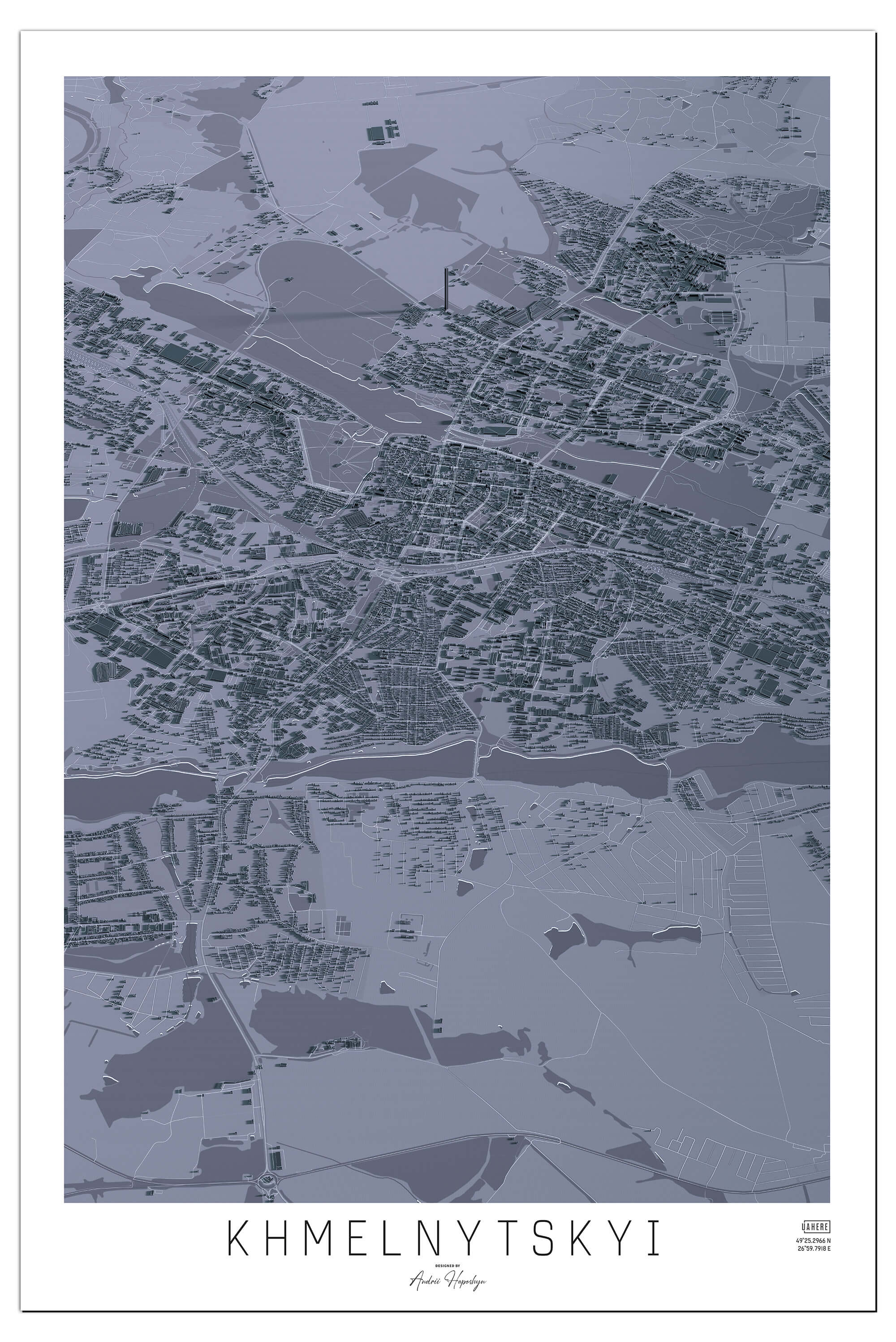 Стилізована графітова Арт мапа Хмельницького у вигляді постера, картини