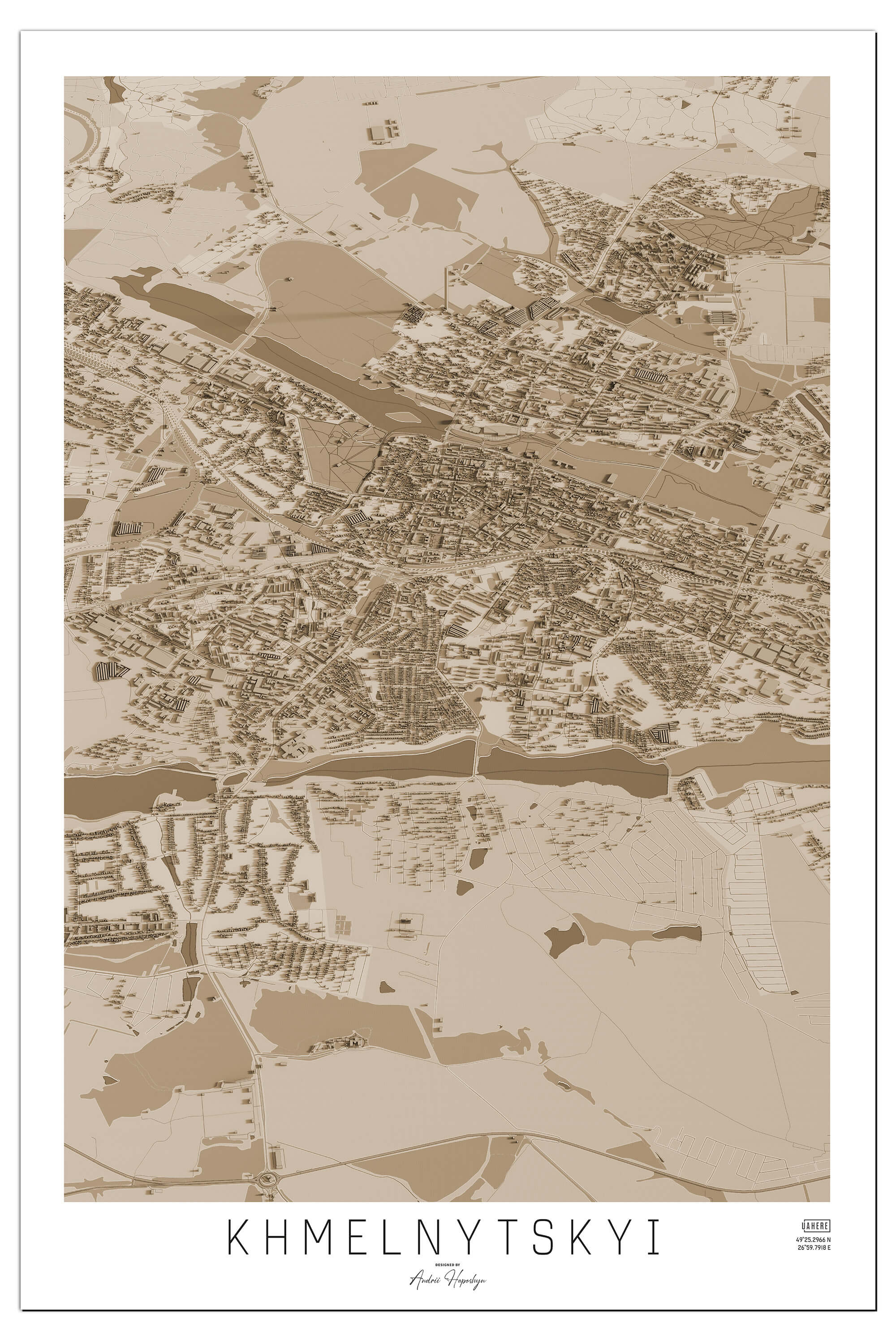 Вінтажна Арт мапа Хмельницького у вигляді постера, картини в стилі сепія