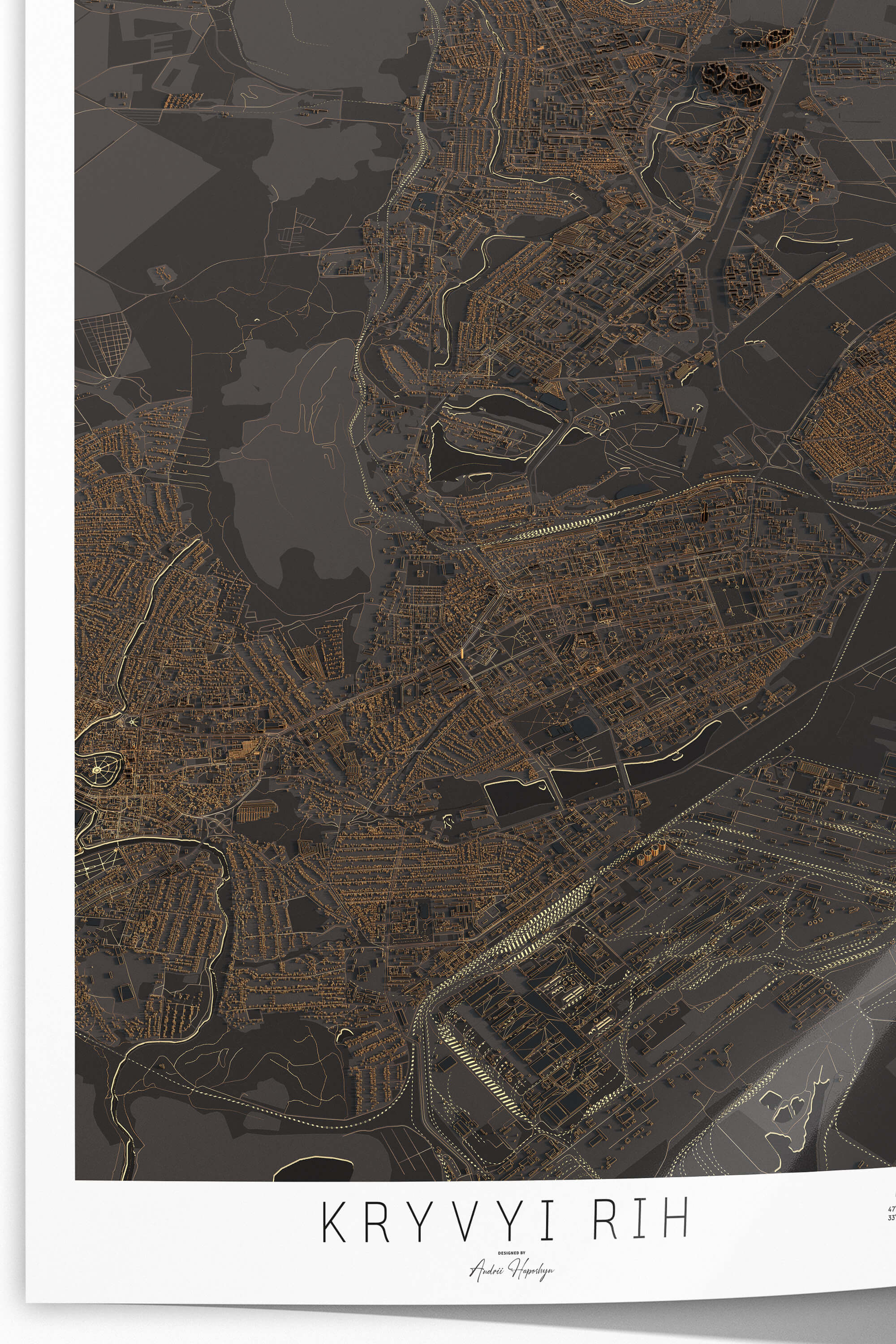 Якісно надрукована темна та стильна 3д мапа постер Кривий Ріг