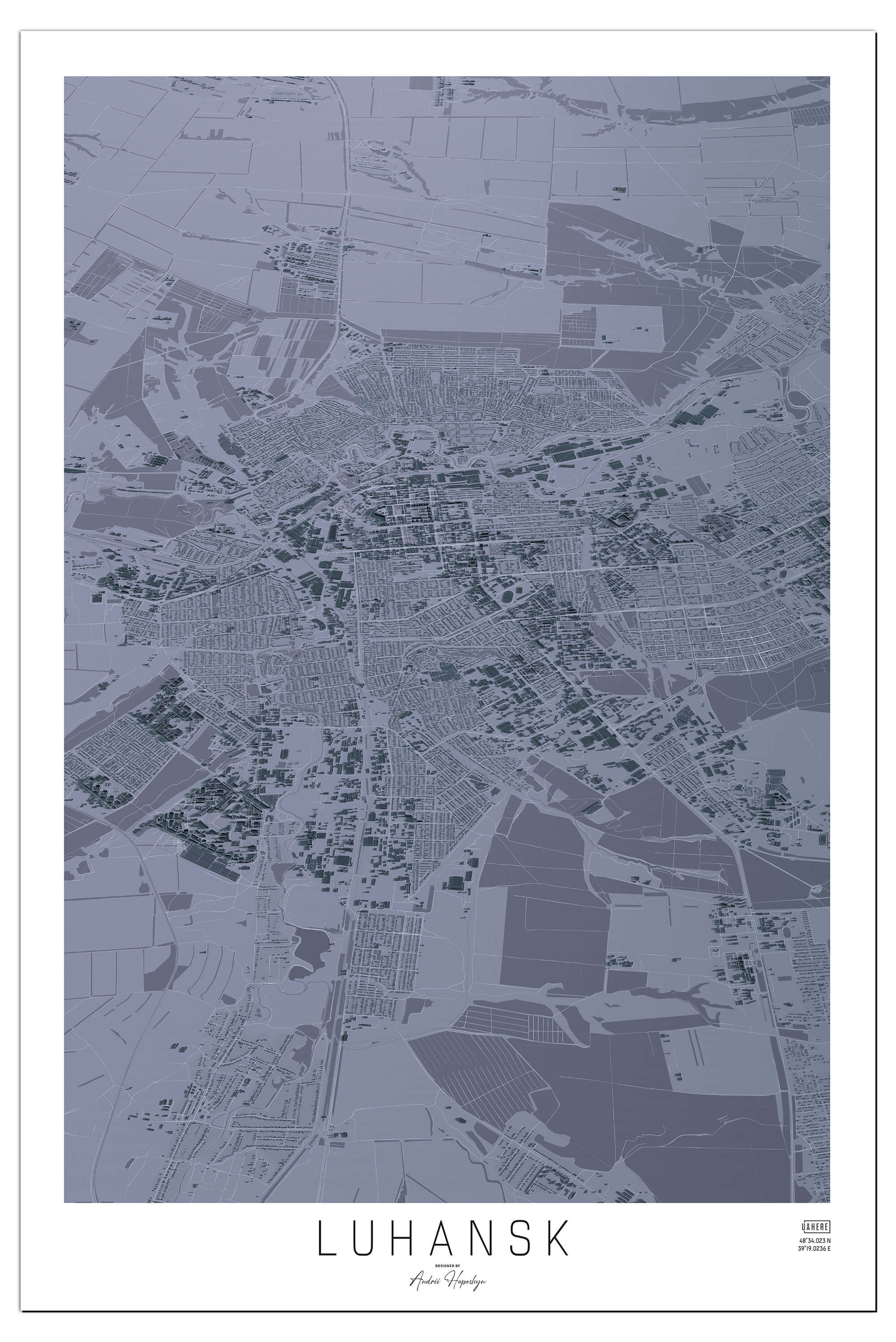 Стилізована графітова Арт мапа Луганську у вигляді постера, картини