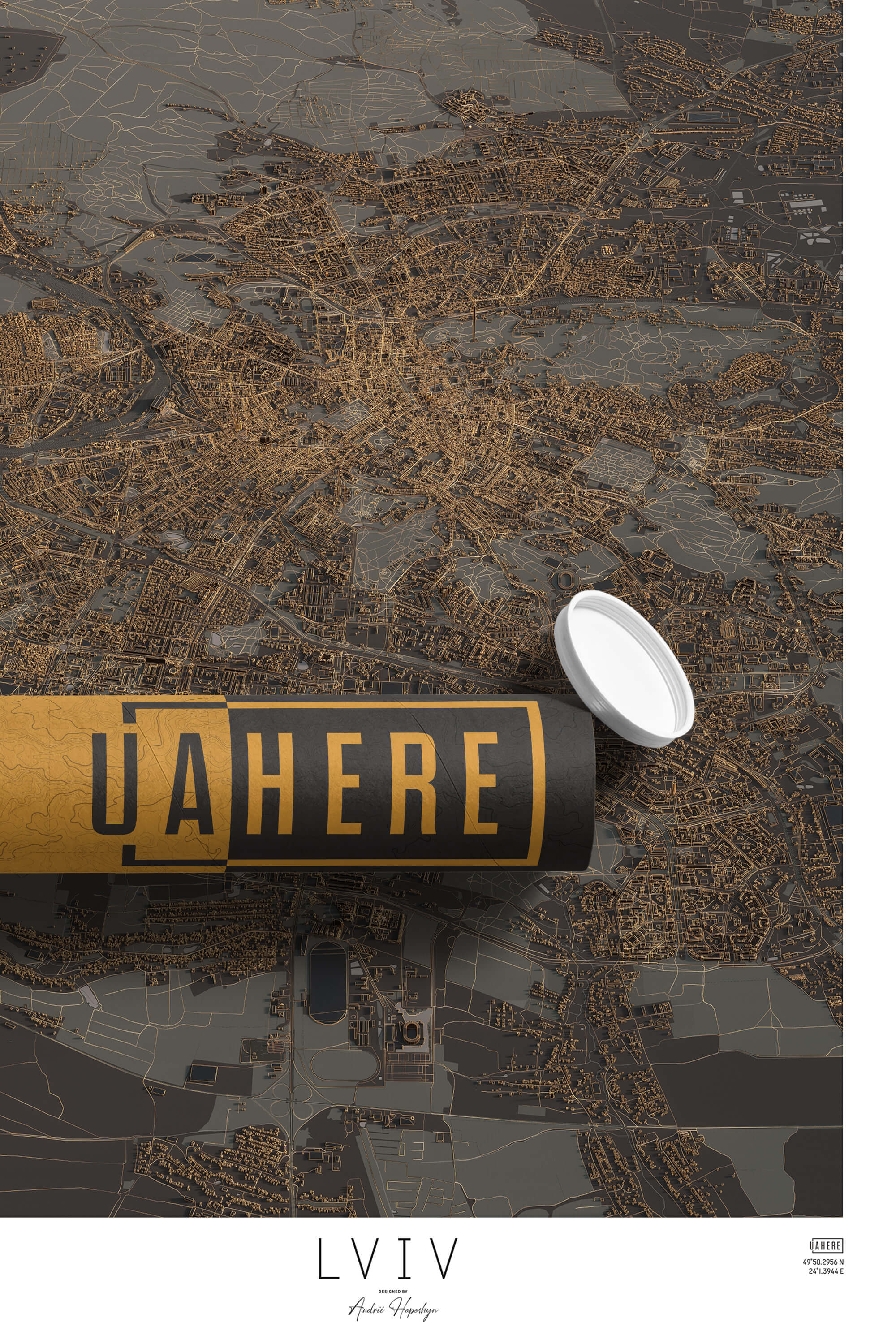 Брендований тубус UAHERE та надрукована стільна темна 3д мапа Львову