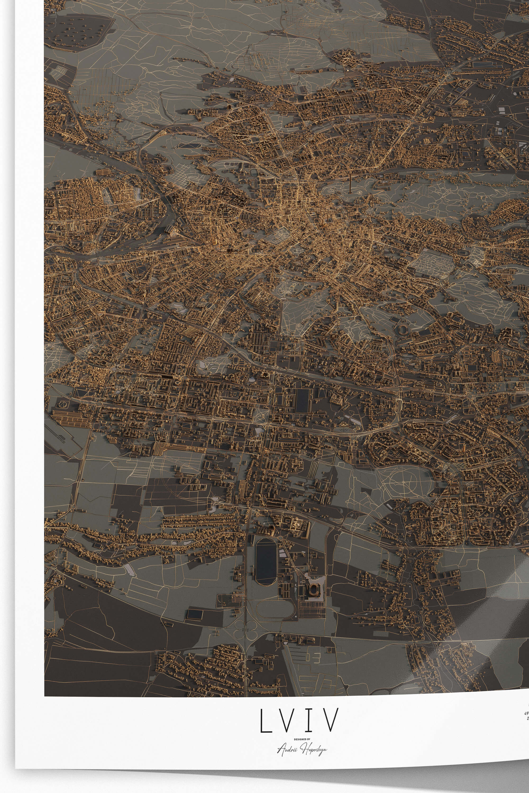 Якісно надрукована темна та стильна 3д мапа постер Львова