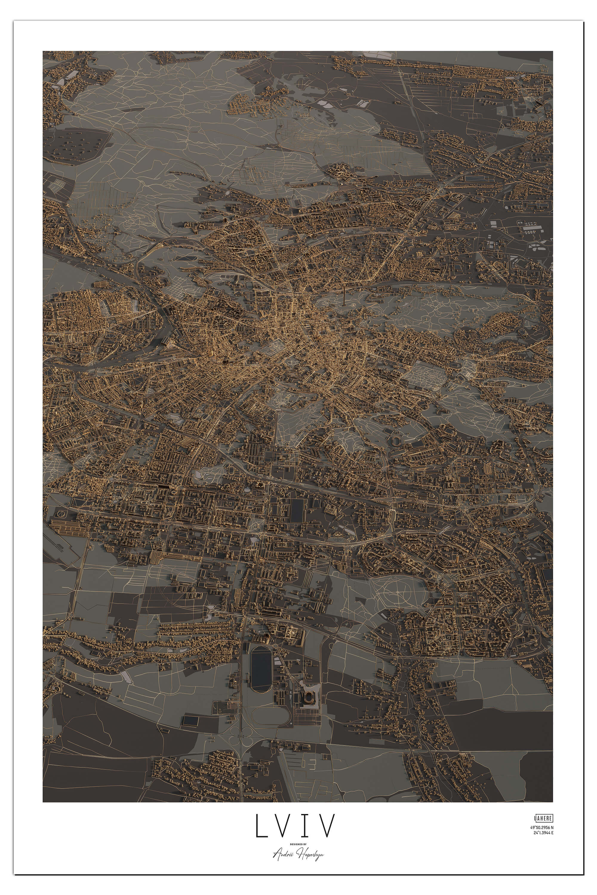 Стилізована Арт мапа вечернього Львова у вигляді постера, картини