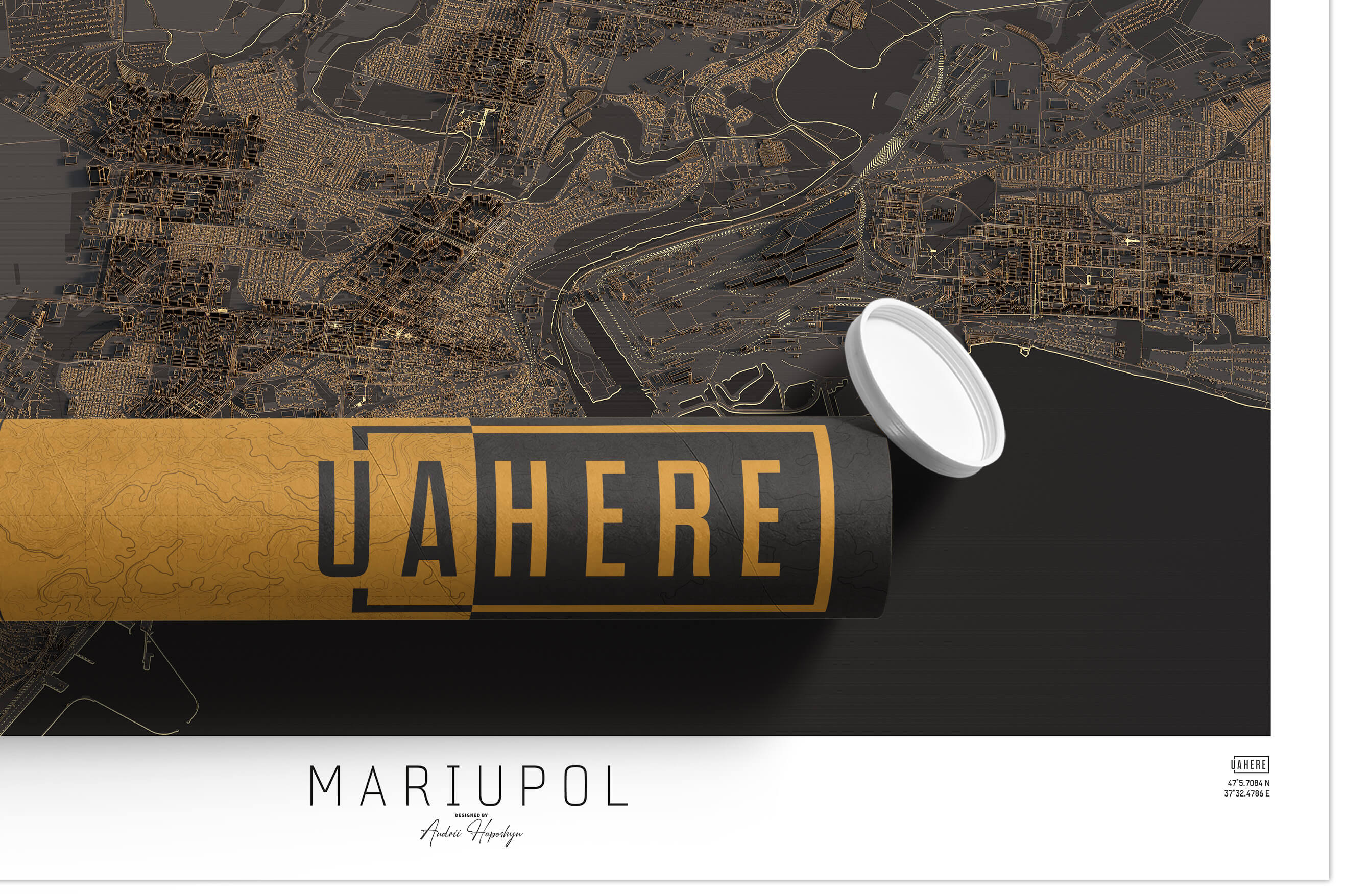 Брендований тубус UAHERE та надрукована стільна темна 3д мапа Маріуполя