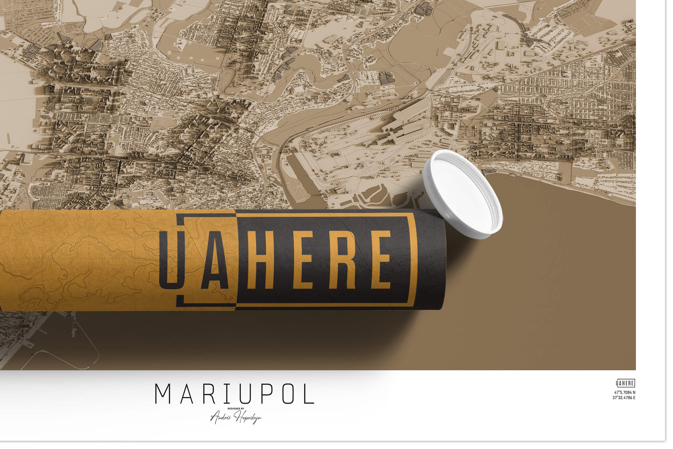 Брендований тубус UAHERE та надрукована вінтажна та унікальна мапа Маріуполя