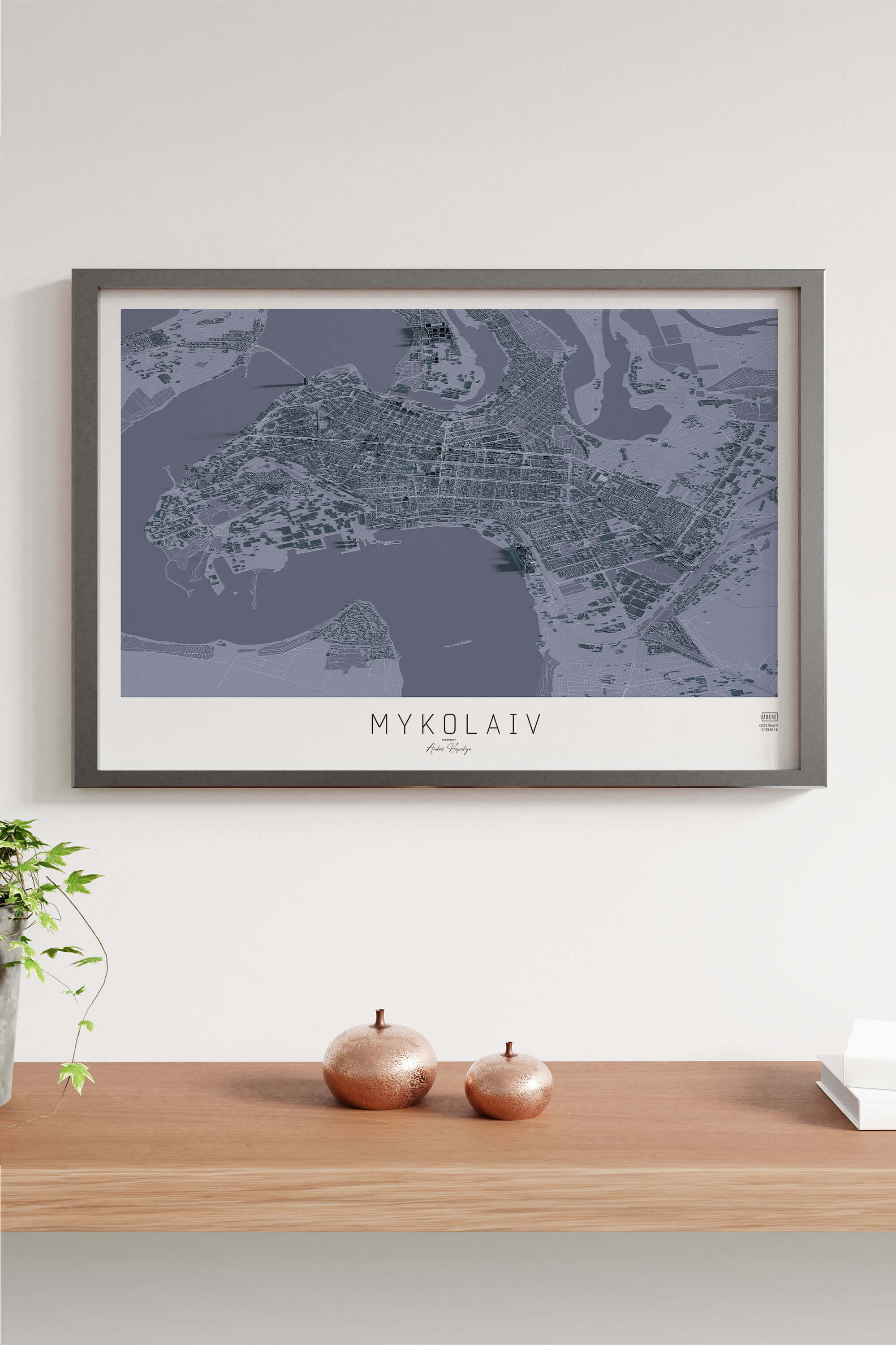 графітова 3д картина міста Миколаїв в рамці на підлозі