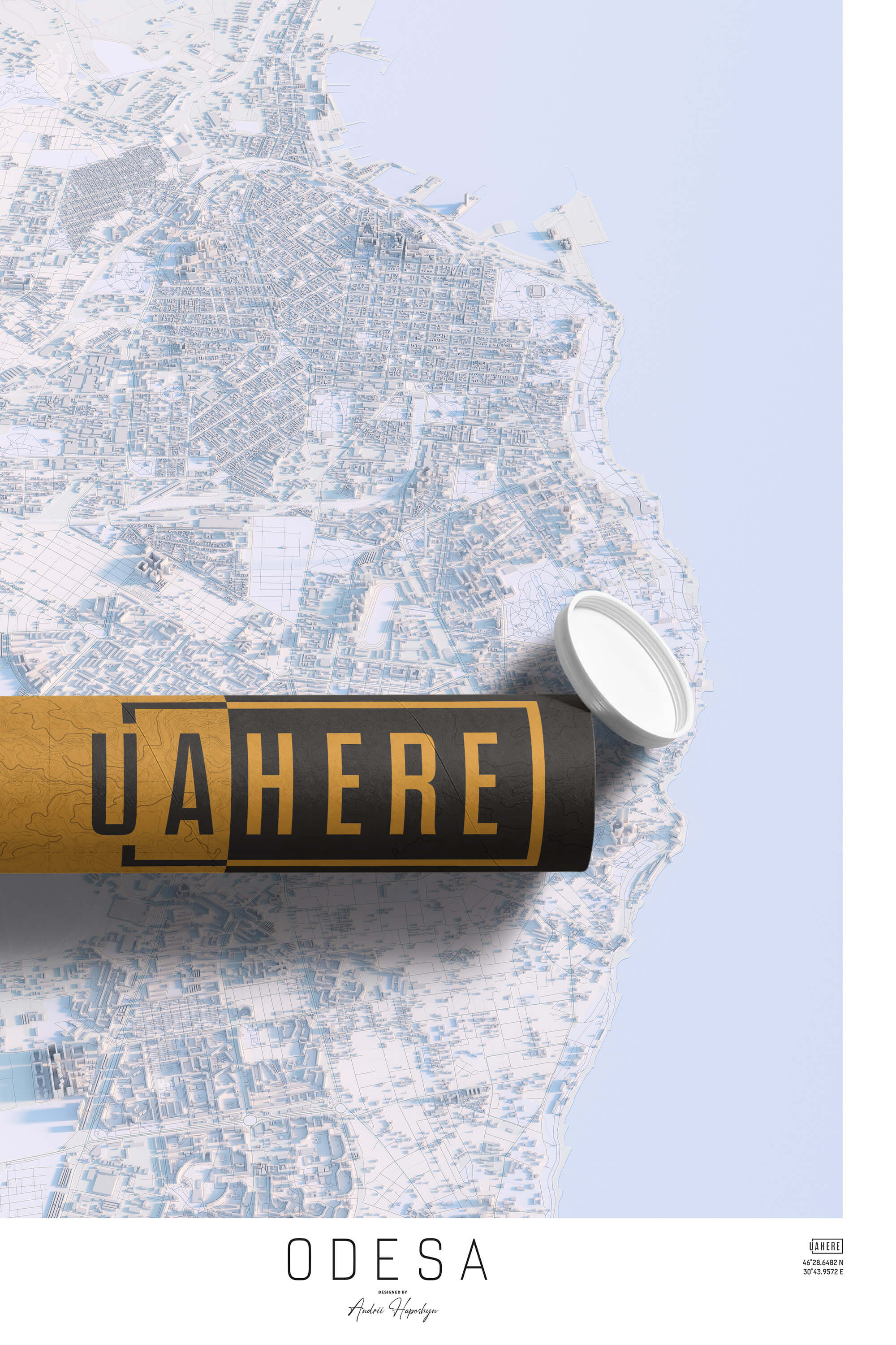 Брендований тубус UAHERE та надрукована світла мапа Одеси