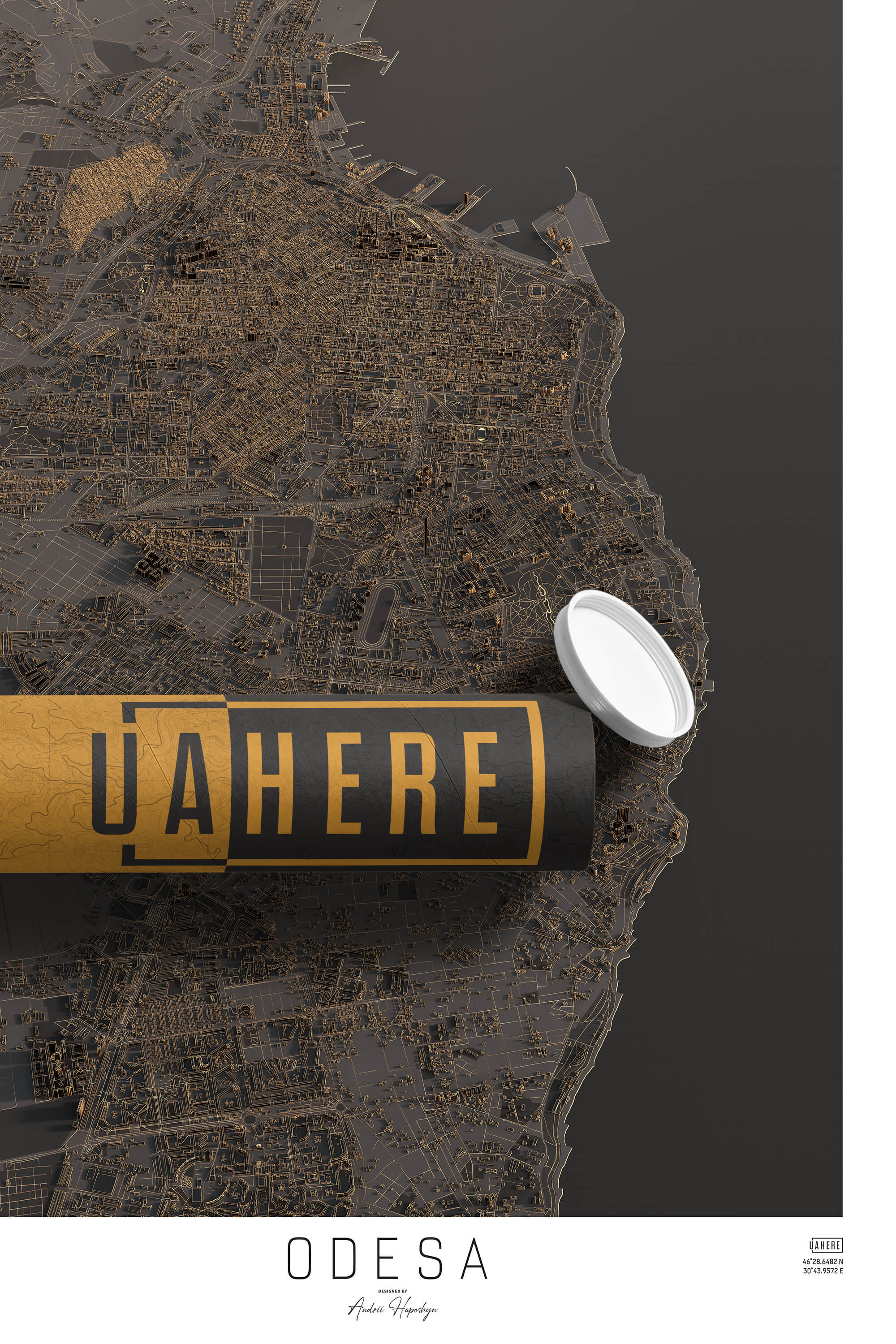 Брендований тубус UAHERE та надрукована стільна темна 3д мапа Одеси