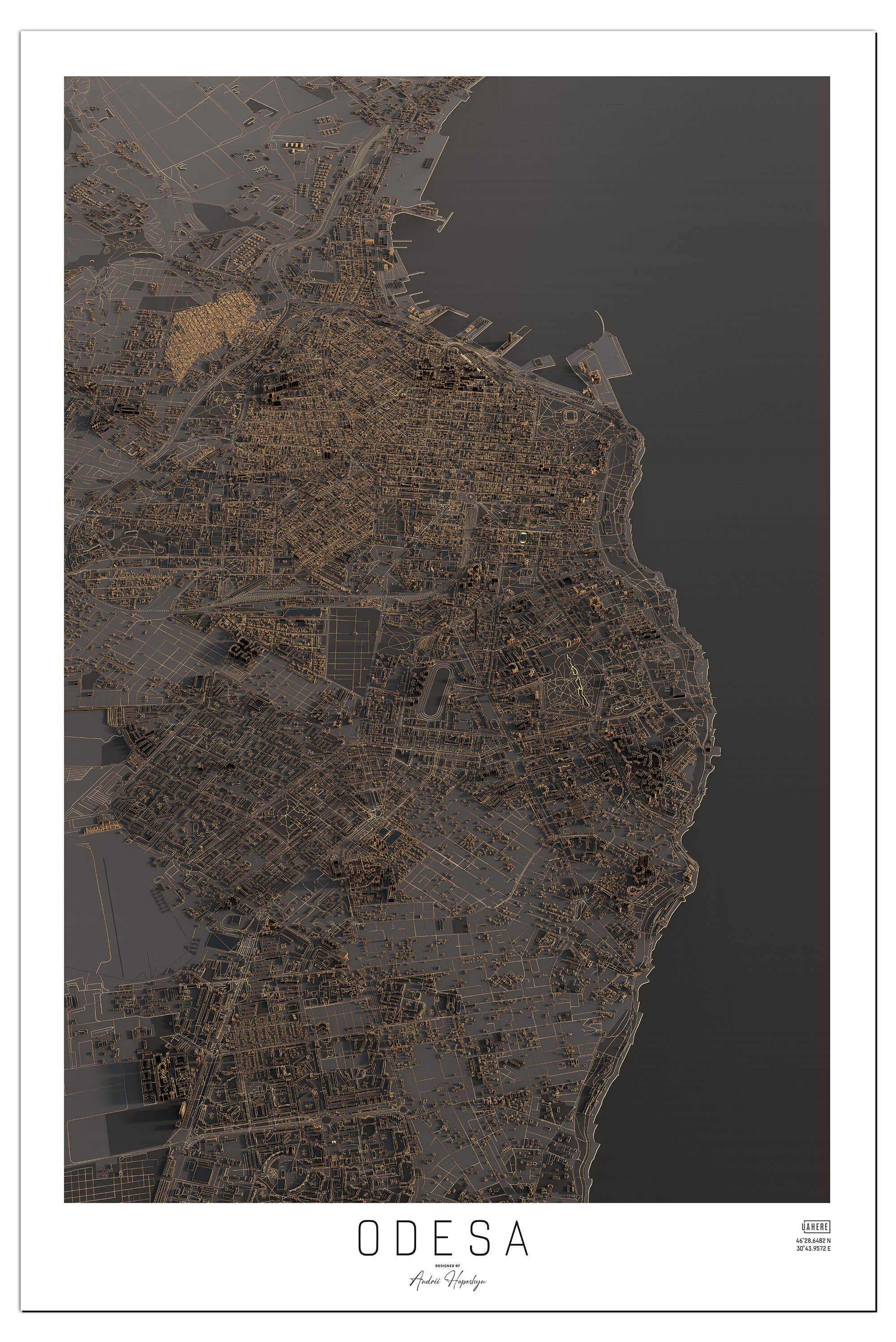 Стилізована нічна Арт мапа міста Одеса у вигляді постера, картини