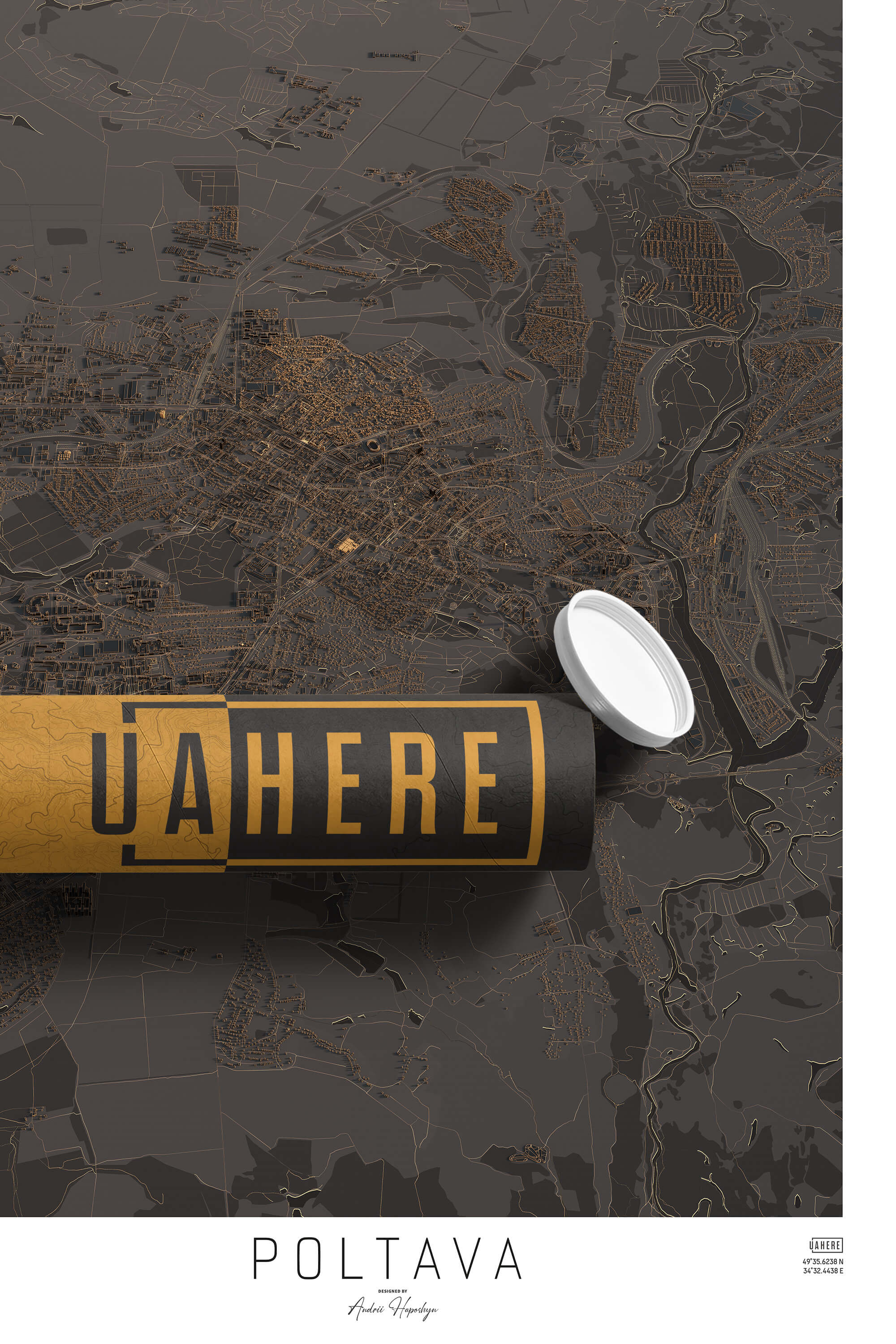 Брендований тубус UAHERE та надрукована стільна темна 3д мапа Полтави