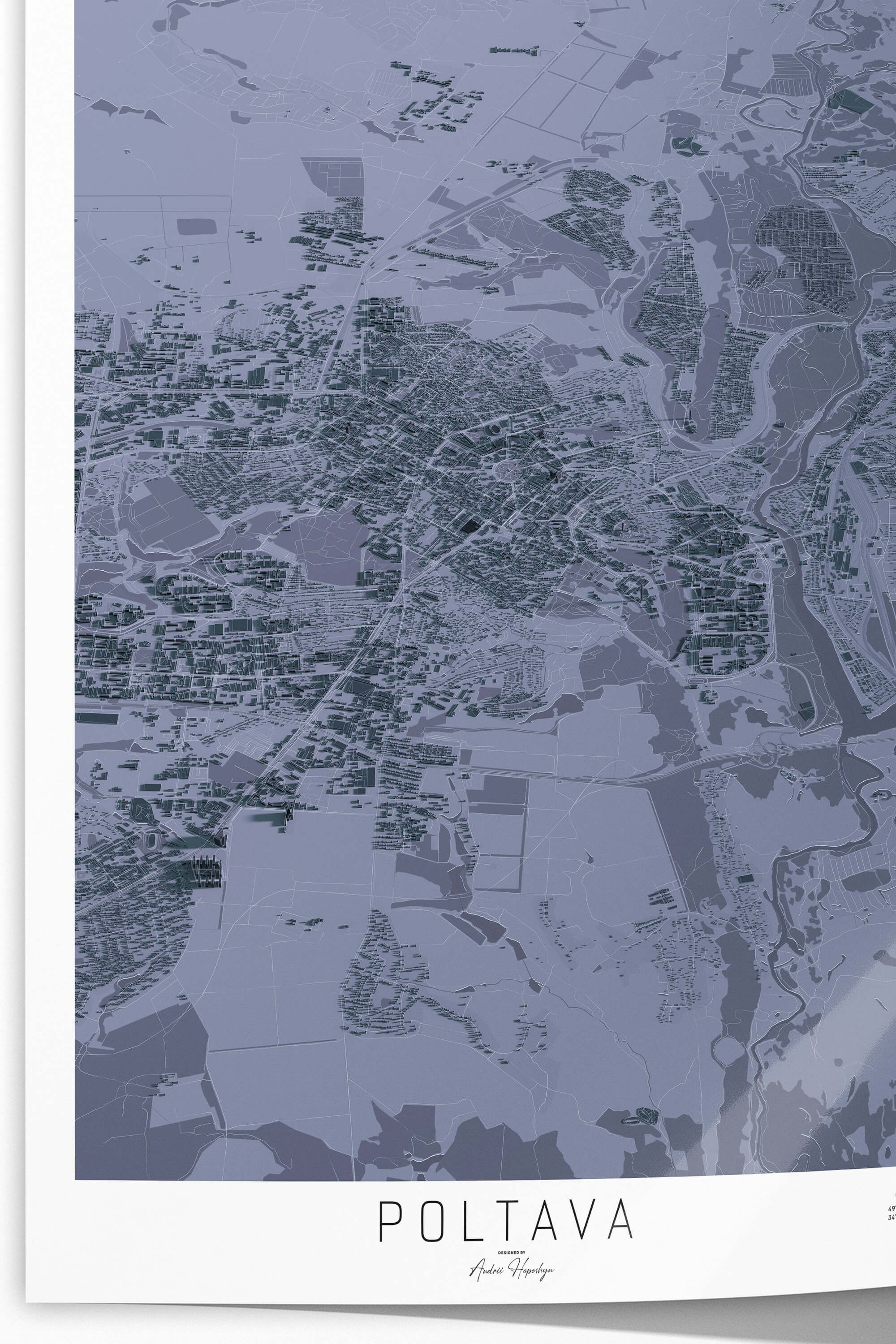 Гарна та стильна деталізована 3д постер мапа Полтави