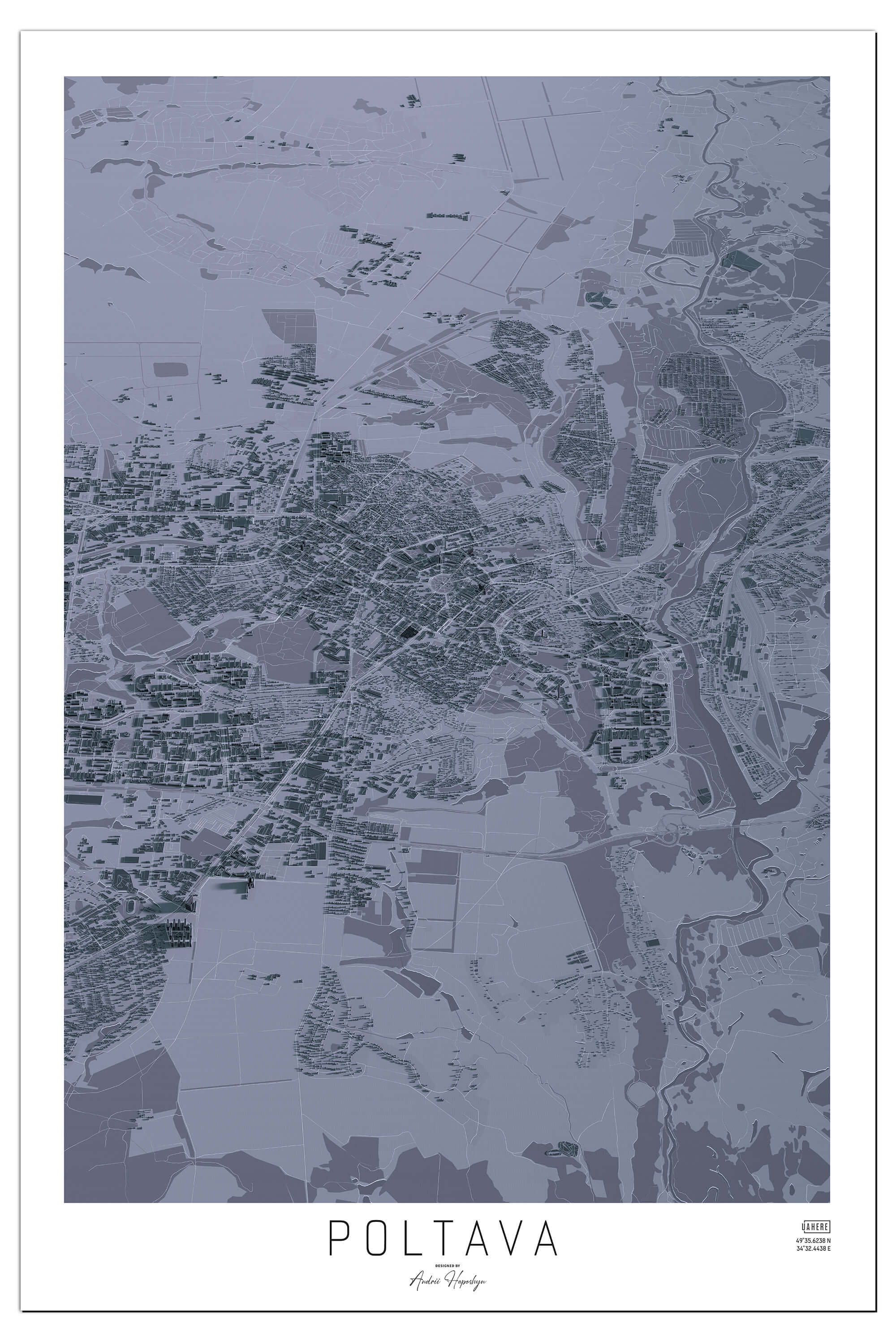 Стилізована графітова Арт мапа Полтави у вигляді постера, картини