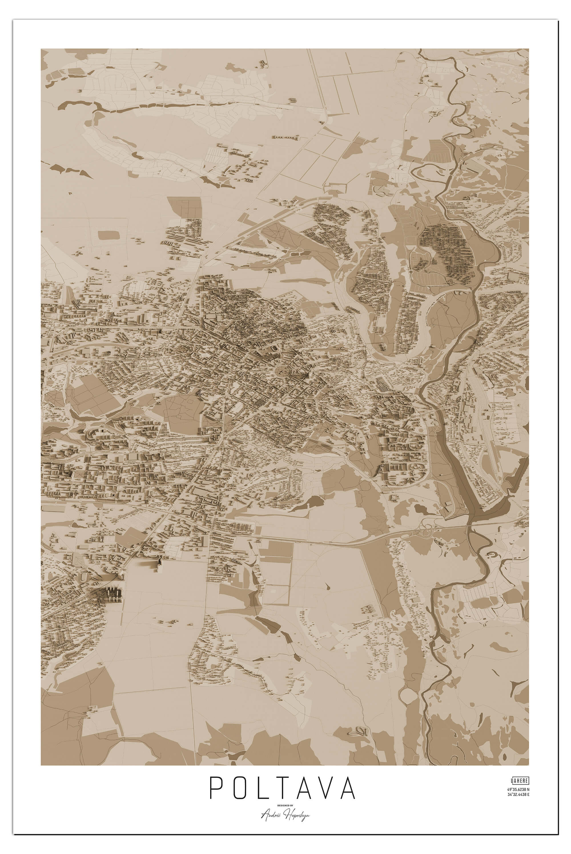 Вінтажна Арт мапа Полтави у вигляді постера, картини в стилі сепія