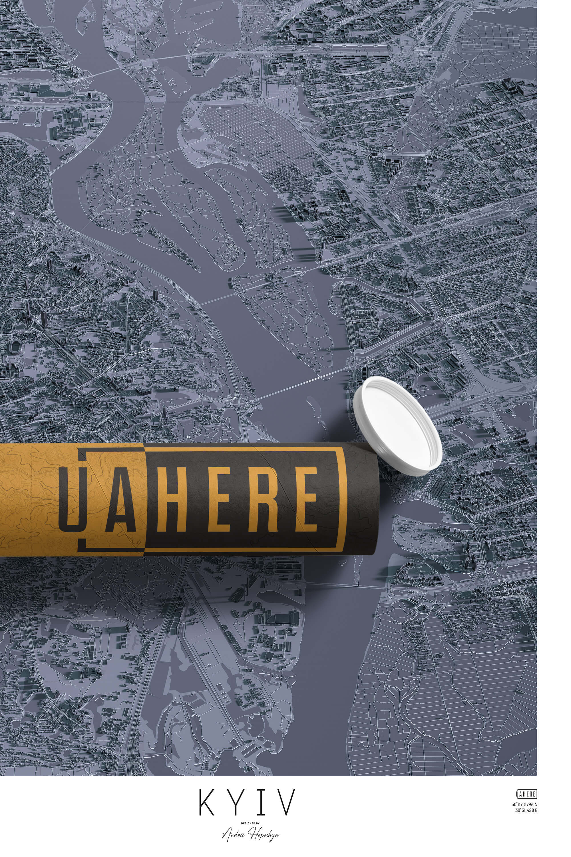 Брендований тубус UAHERE та надрукована мапа Києа в стилі графіт