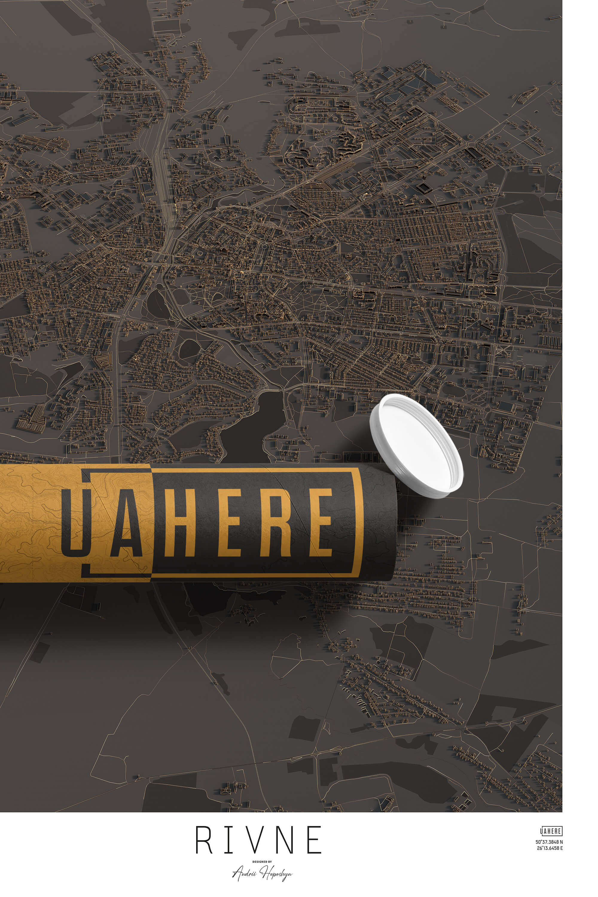 Брендований тубус UAHERE та надрукована стільна темна 3д мапа Рівне
