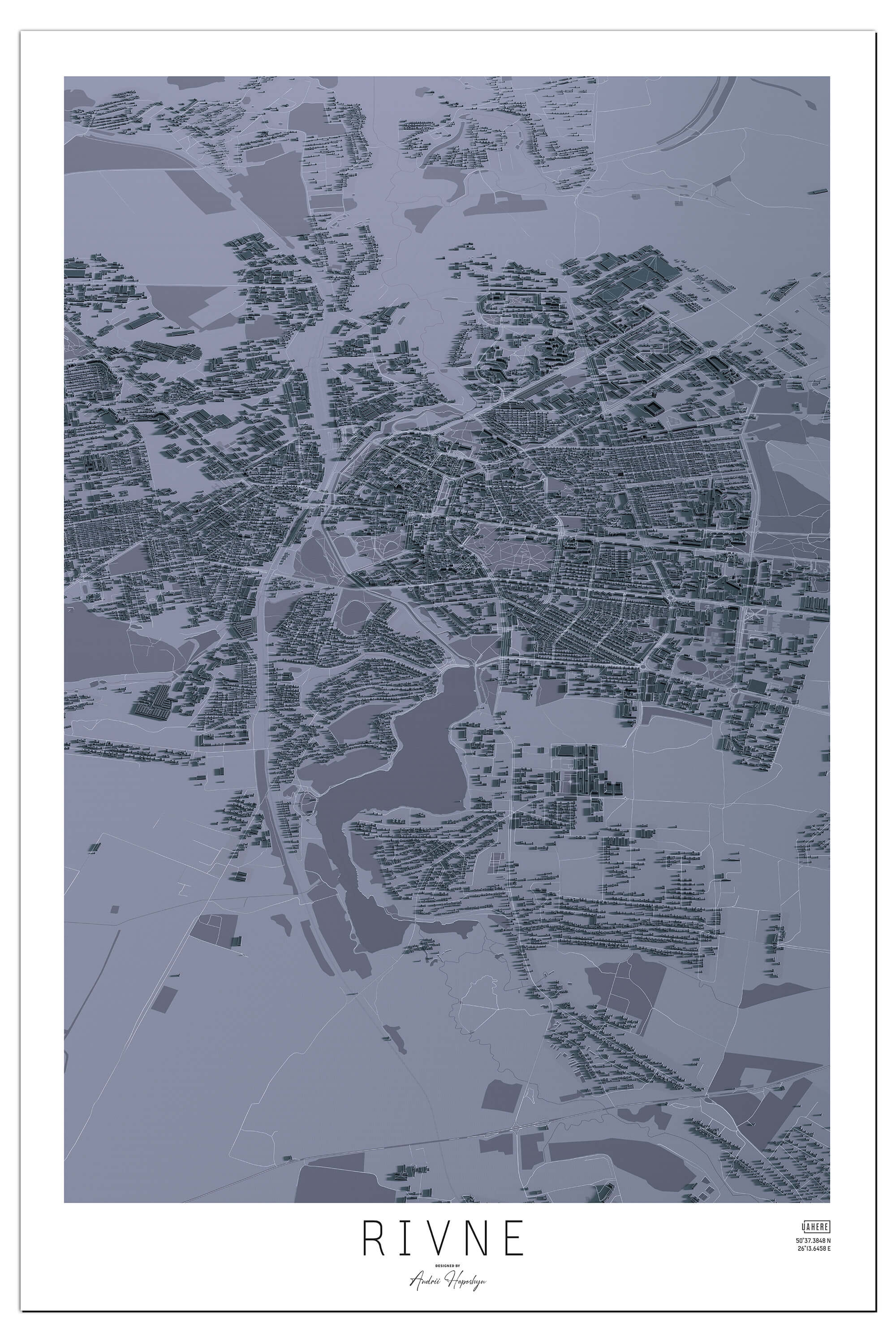 Стилізована графітова Арт мапа Рівне у вигляді постера, картини