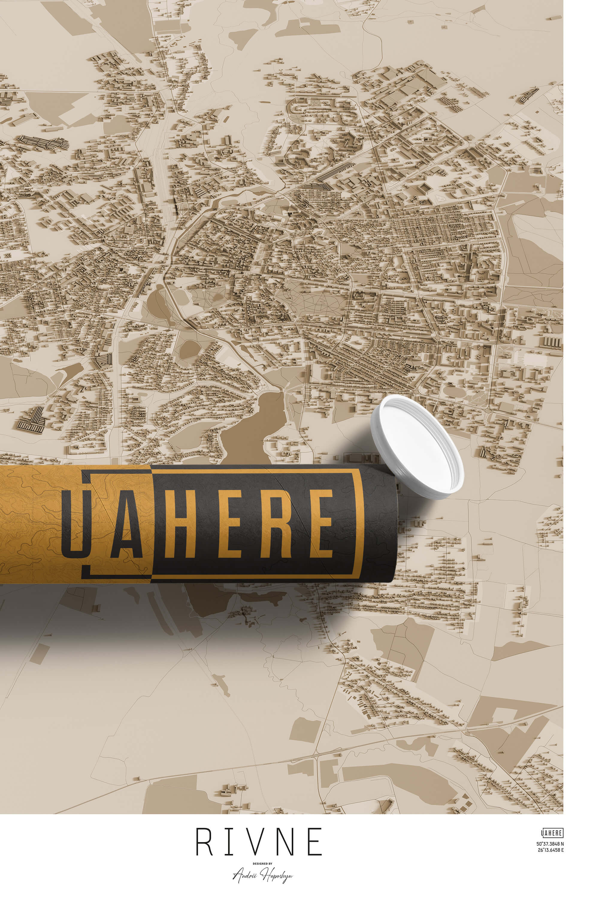 Брендований тубус UAHERE та надрукована вінтажна та унікальна мапа Рівне
