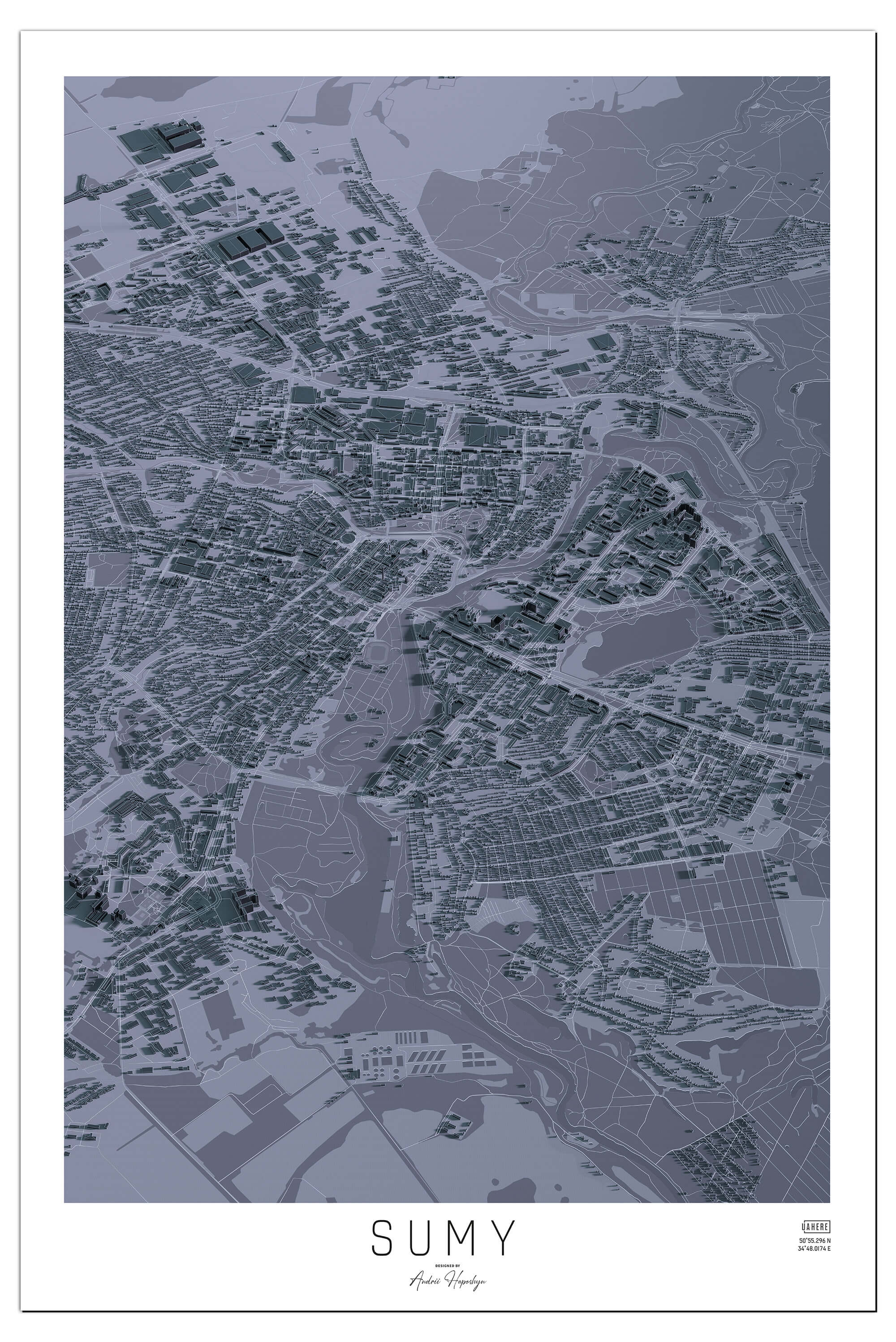 Стилізована графітова Арт мапа Суми у вигляді постера, картини