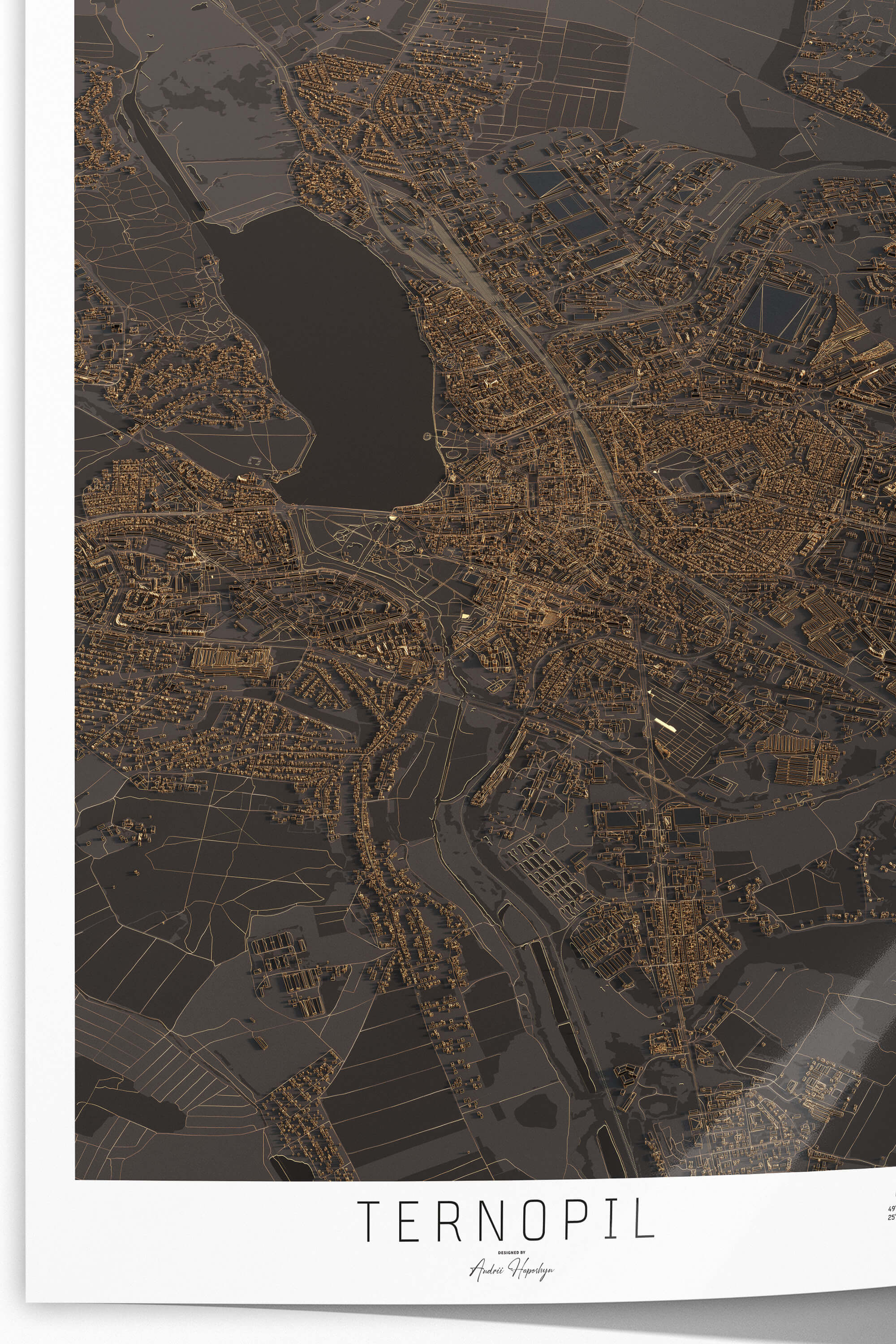 Якісно надрукована темна та стильна 3д мапа постер Тернополя