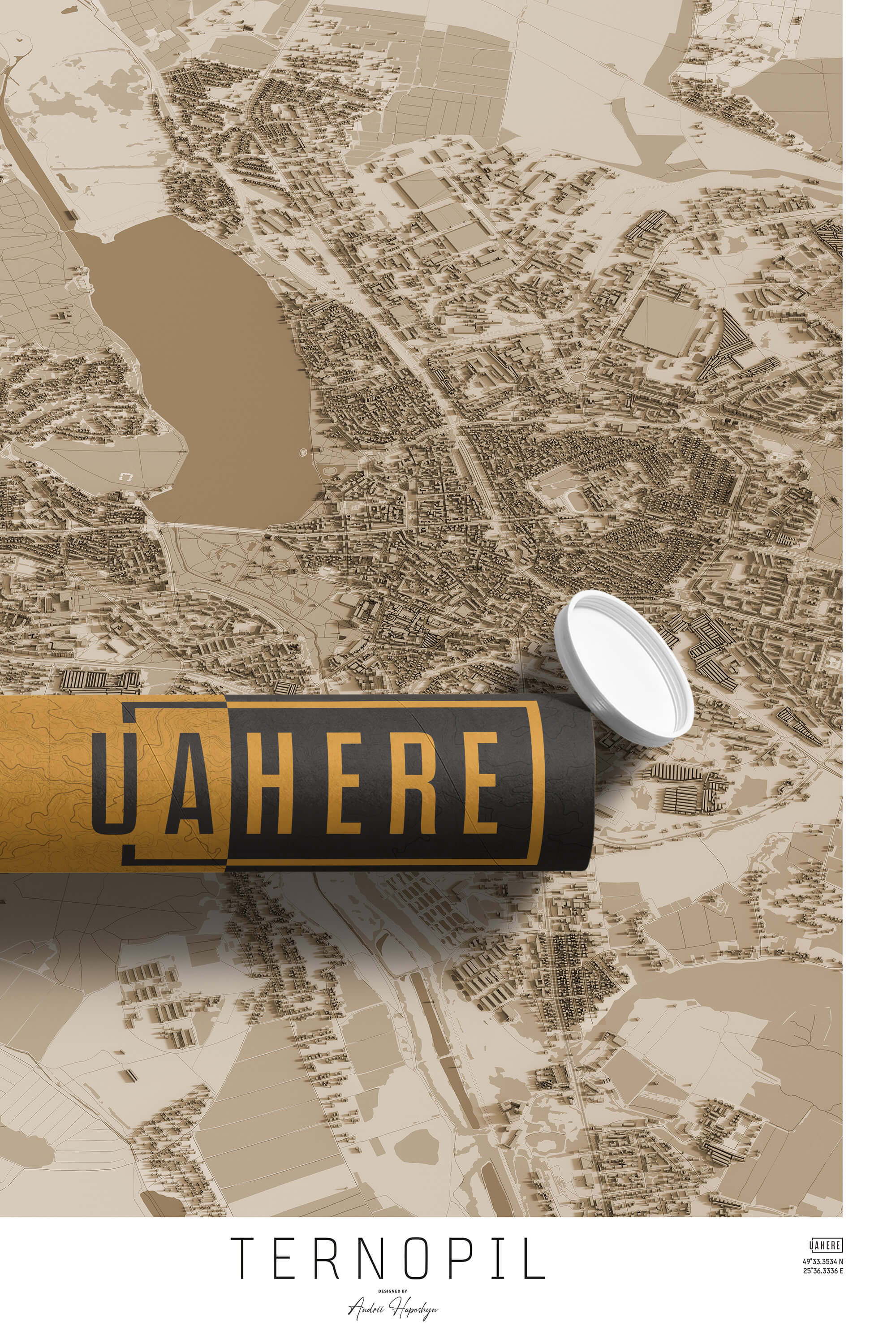 Брендований тубус UAHERE та надрукована вінтажна та унікальна мапа Тернополя