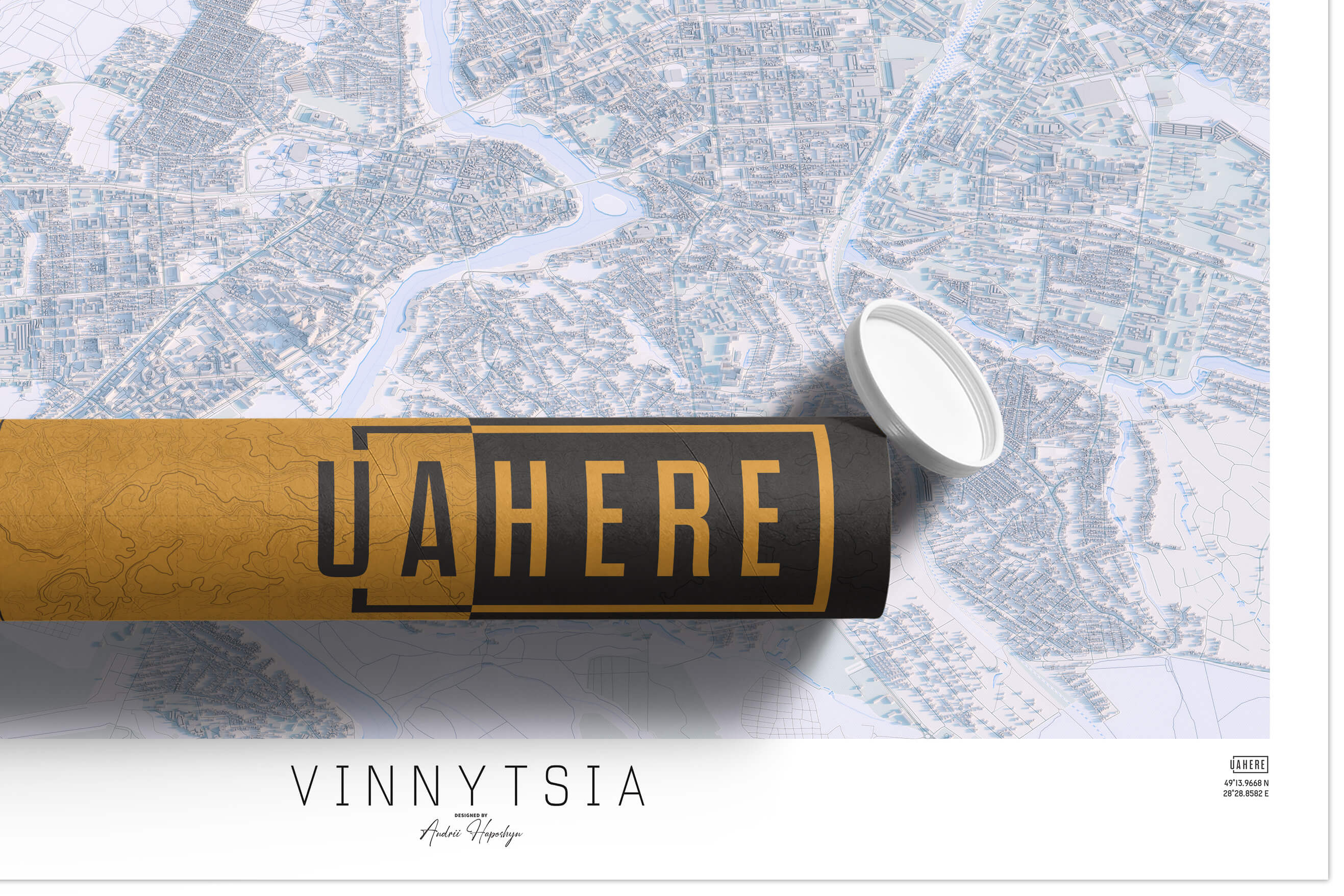Брендований тубус UAHERE та надрукована світла мапа Вінниці
