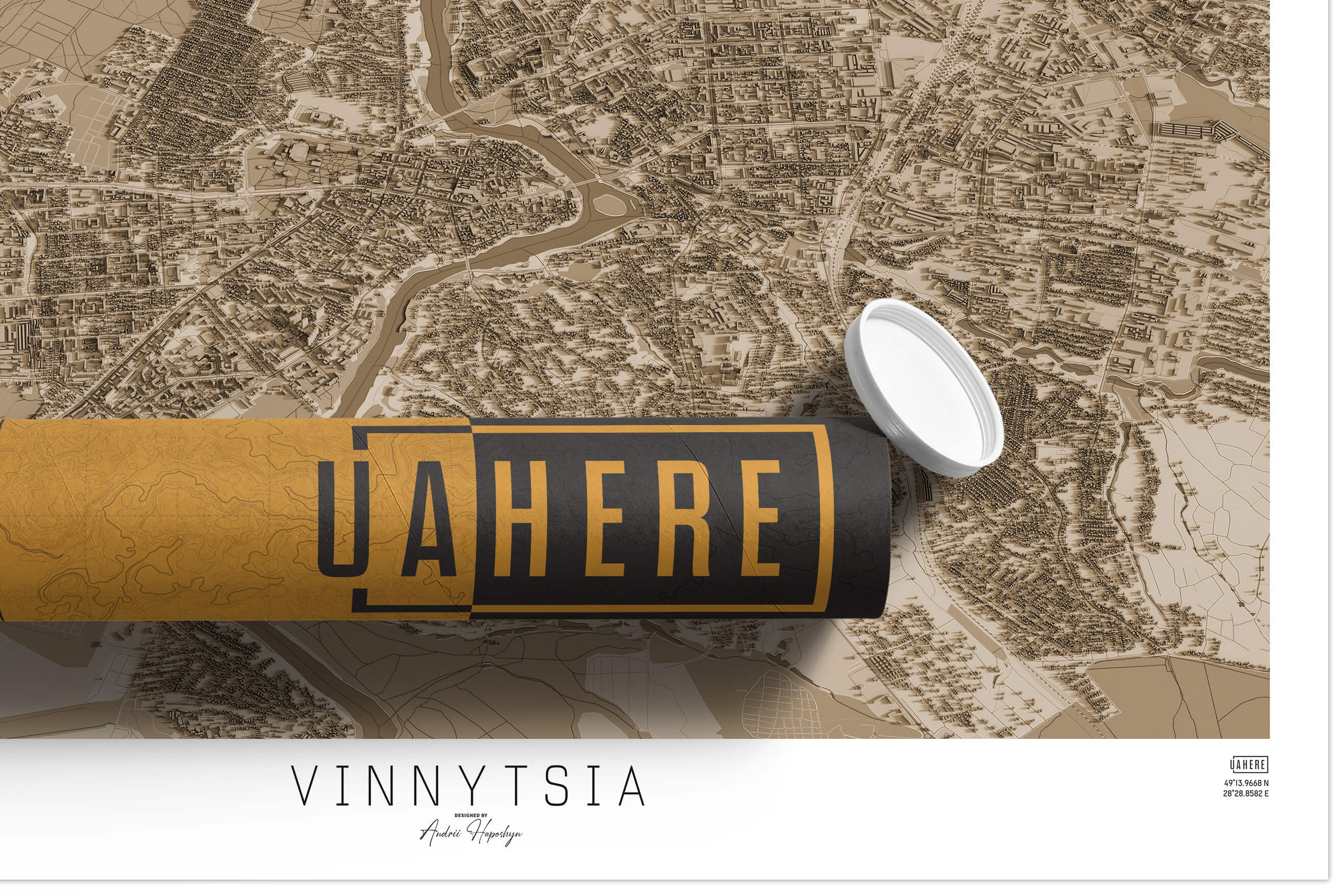 Брендований тубус UAHERE та надрукована вінтажна та унікальна мапа Вінниці