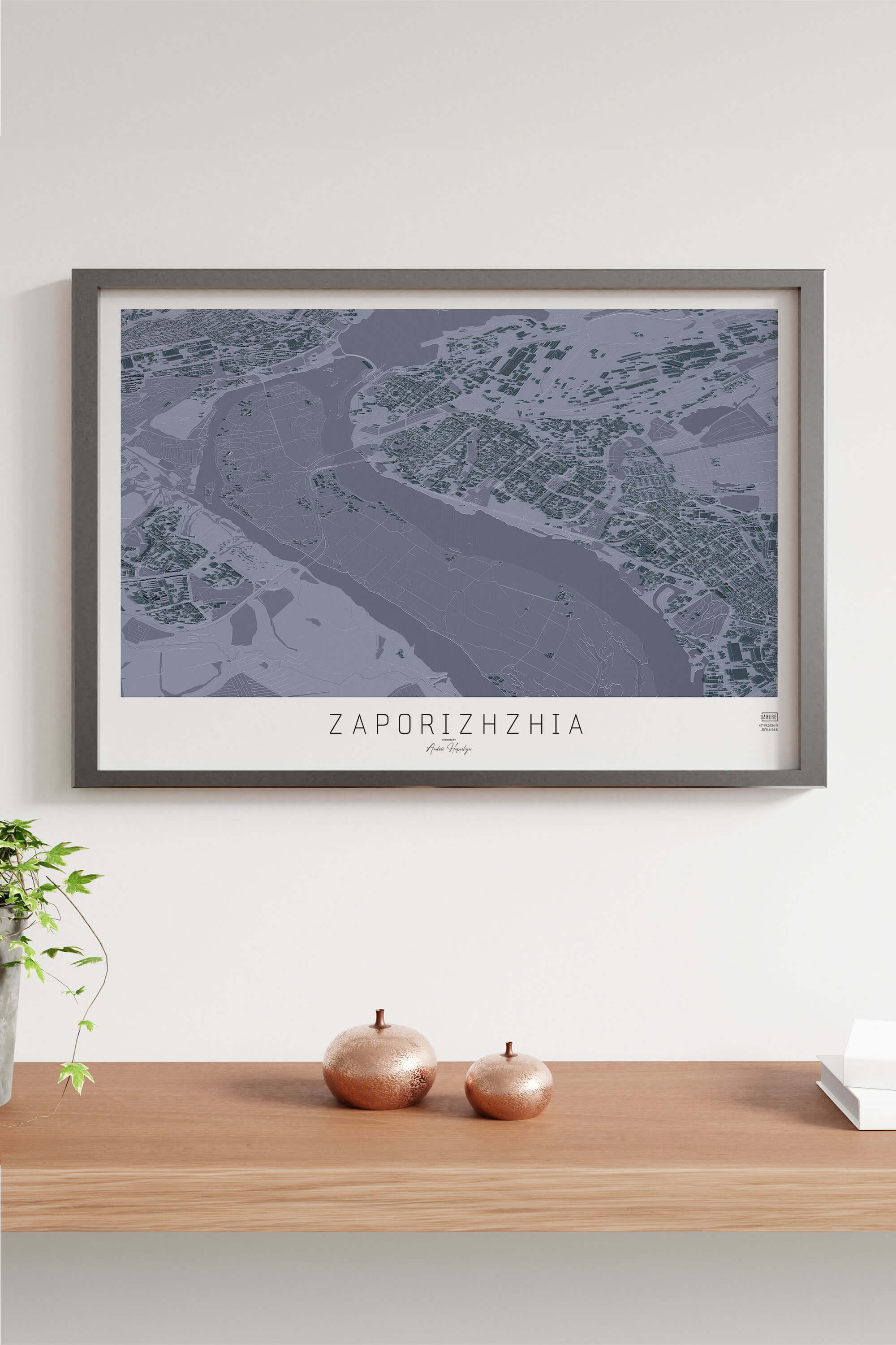 графітова 3д картина міста запоріжжя в рамці на підлозі