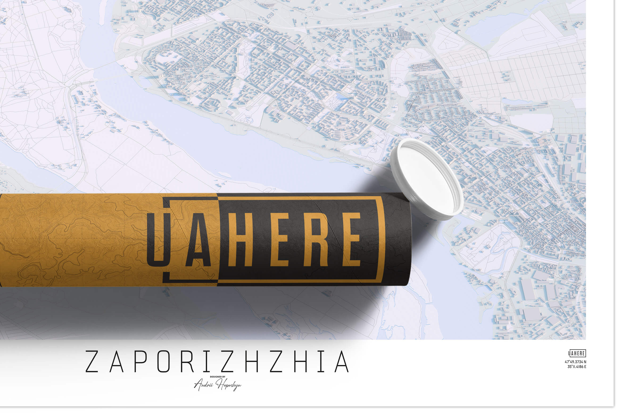 Брендований тубус UAHERE та надрукована світла мапа Запоріжжя