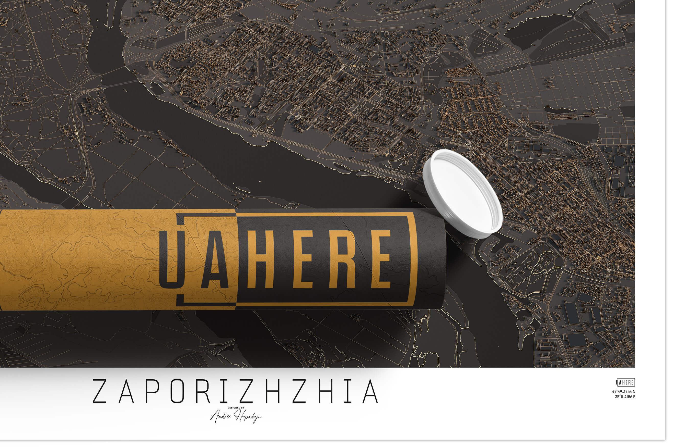 Брендований тубус UAHERE та надрукована стільна темна 3д мапа Запоріжжя