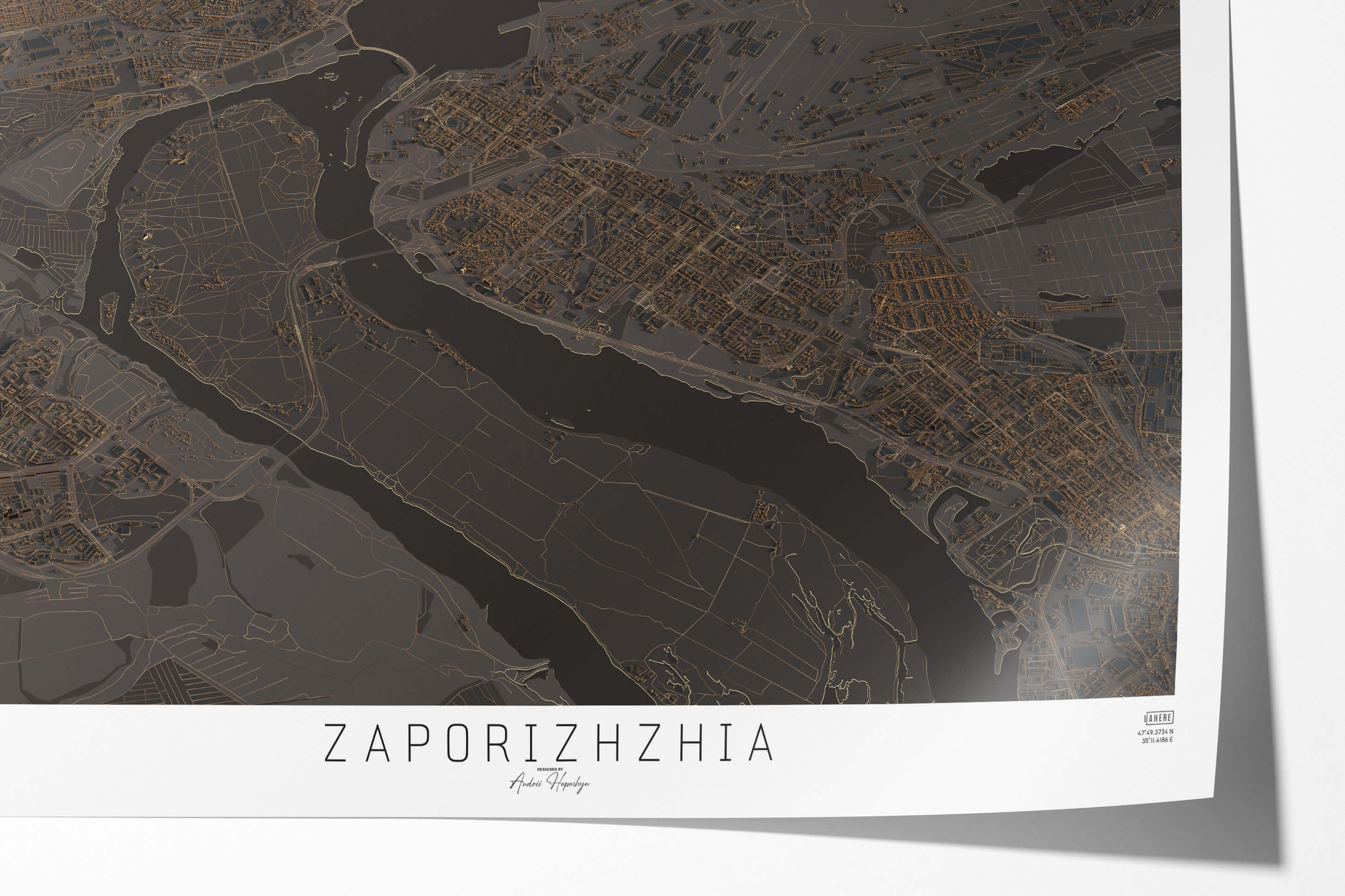 Якісно надрукована темна та стильна 3д мапа постер Запоріжжя