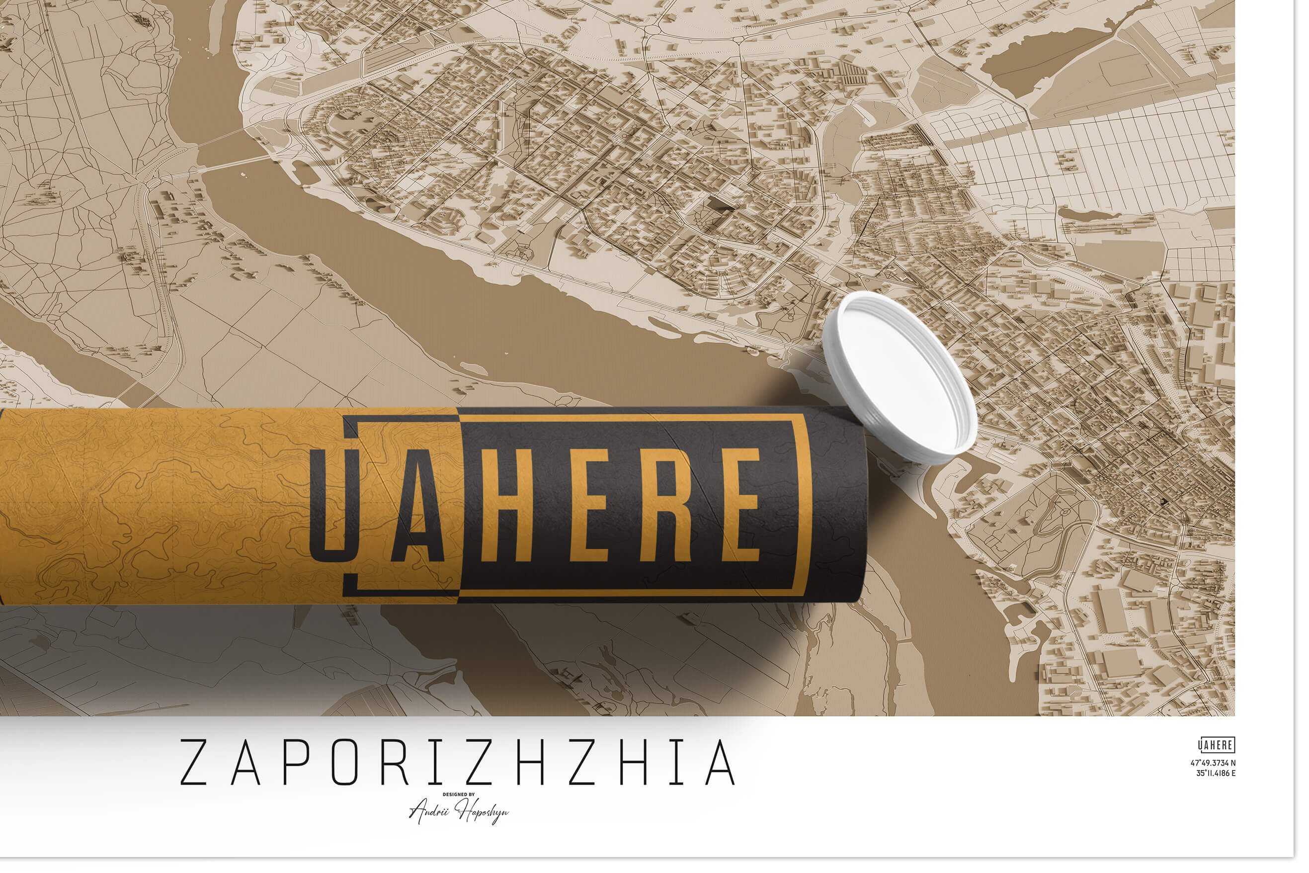 Брендований тубус UAHERE та надрукована вінтажна та унікальна мапа Запоріжжя