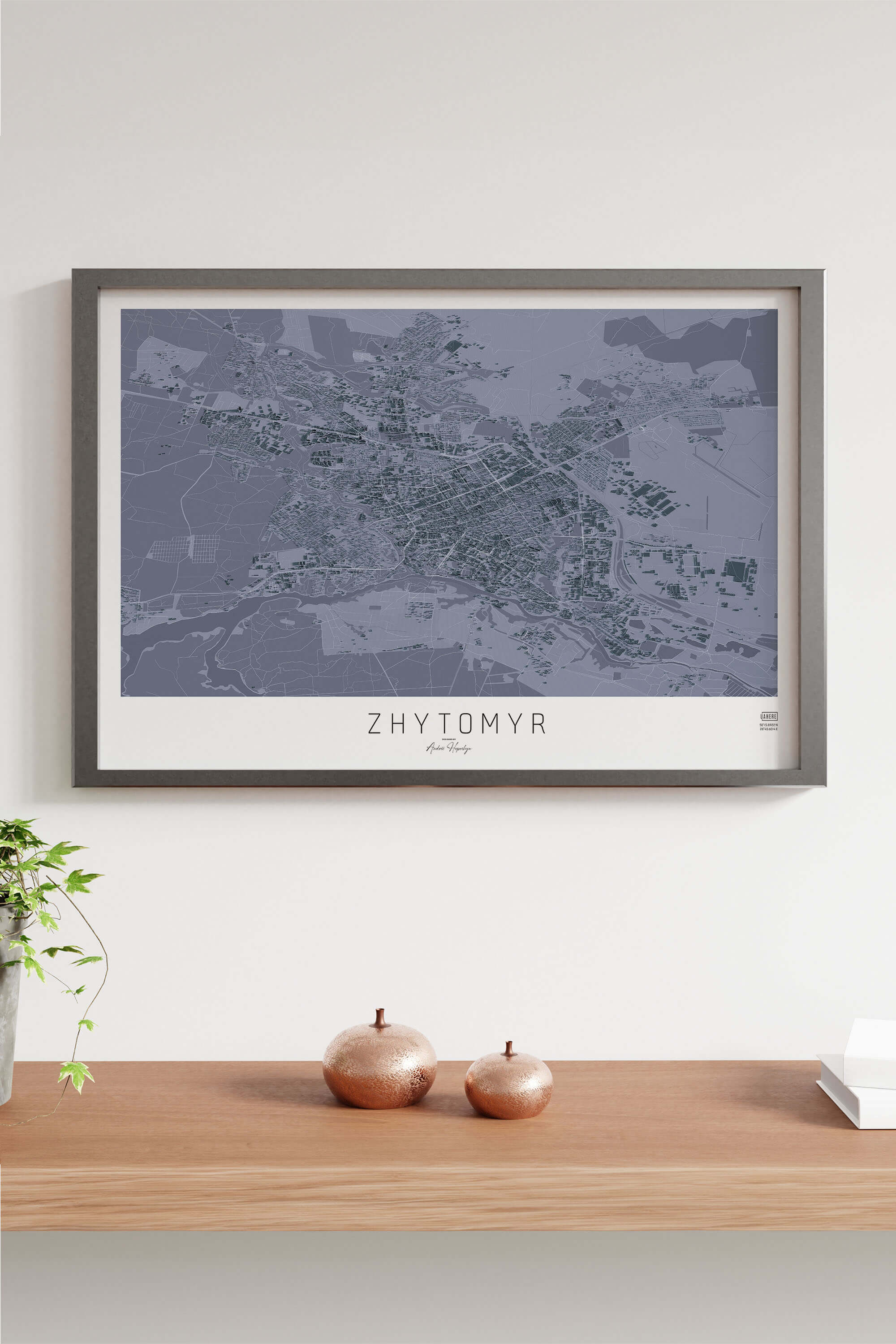 графітова картина міста Житомир на фоні вазонов