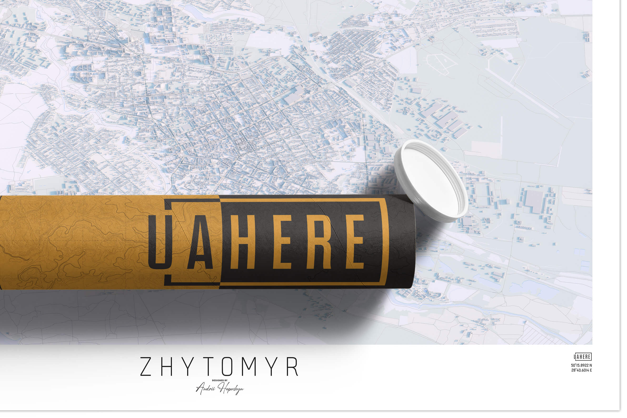 Брендований тубус UAHERE та надрукована світла мапа Житомиру