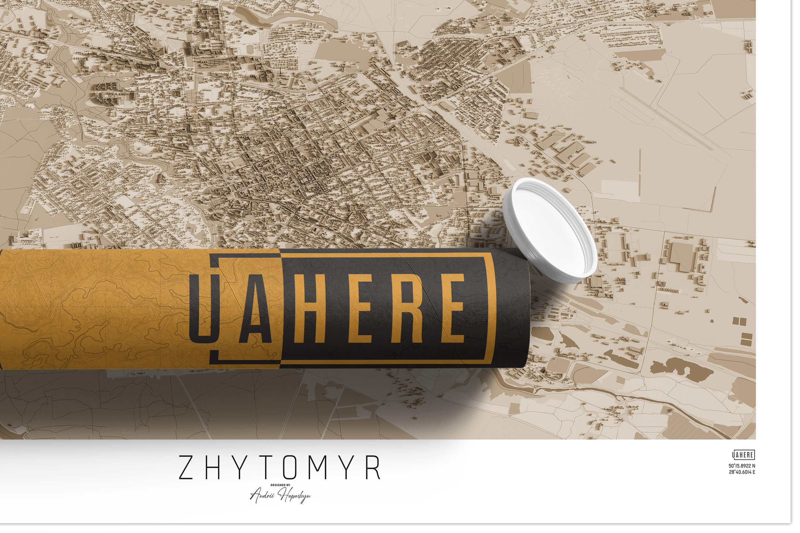 Брендований тубус UAHERE та надрукована вінтажна та унікальна мапа Житомиру