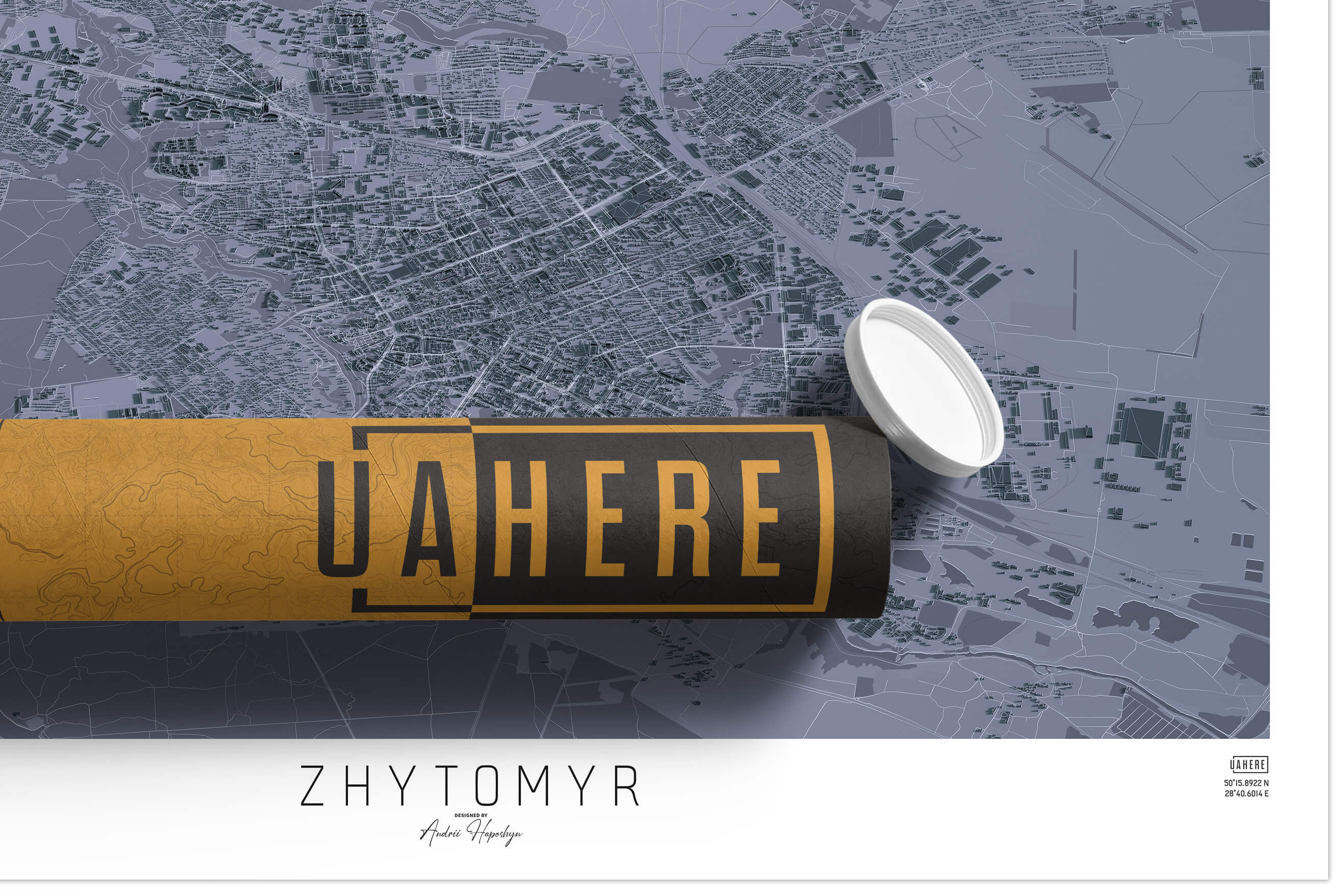 Брендований тубус UAHERE та надрукована стільна мапа Житомиру