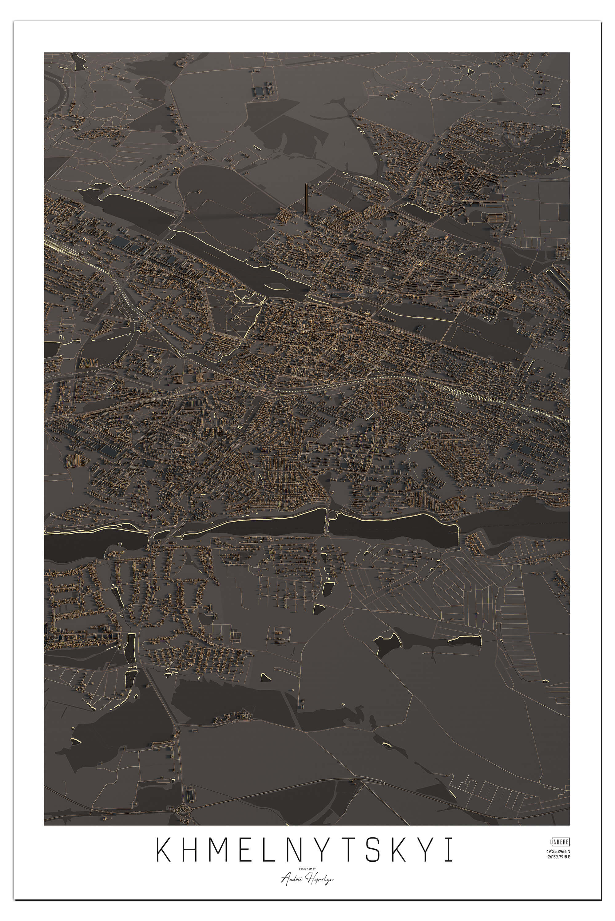 Стилізована темна Арт мапа Хмельницького у вигляді постера, картини